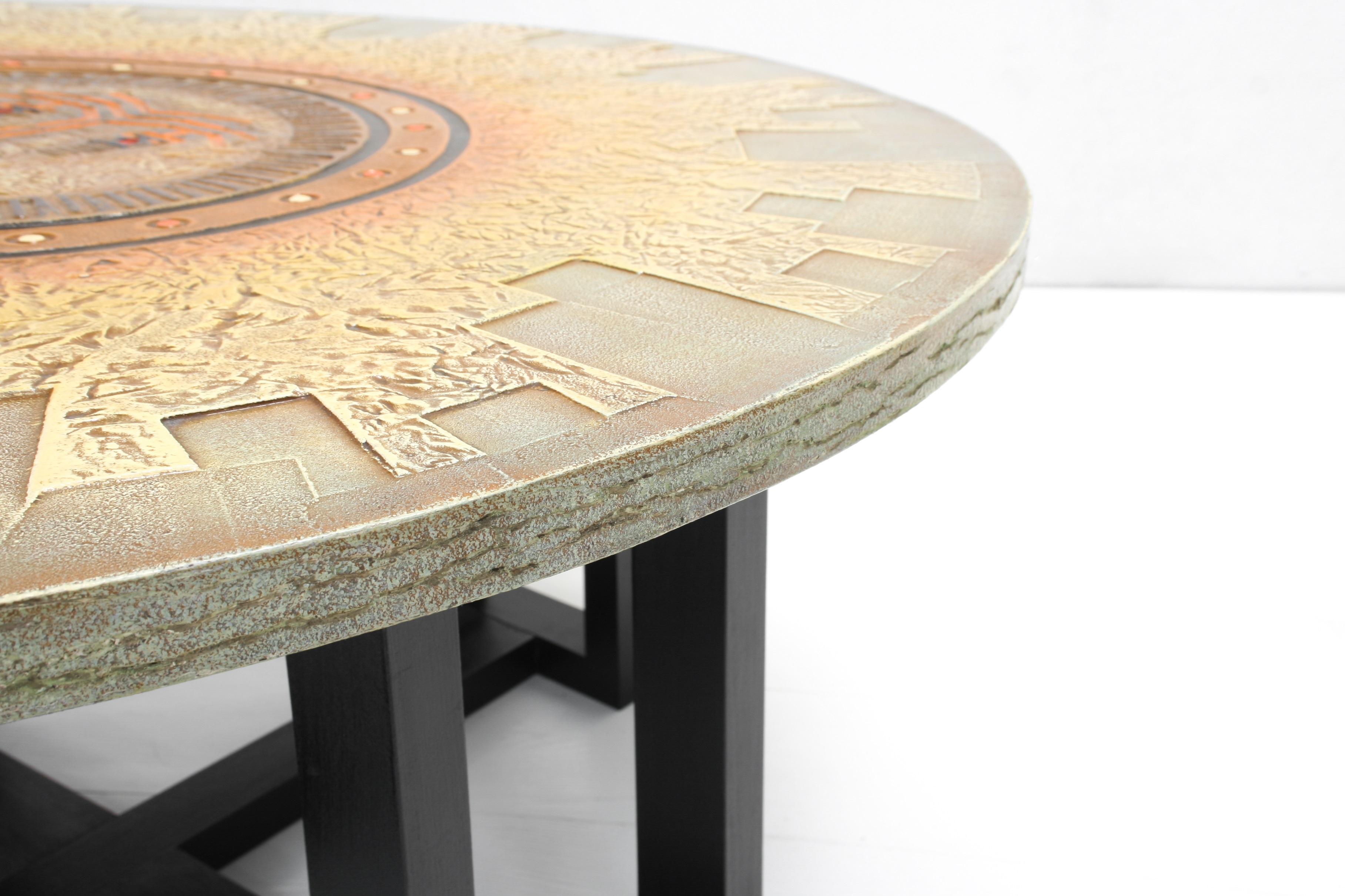 20th Century Aztec Relief Art Sunburst Coffee Table by DK