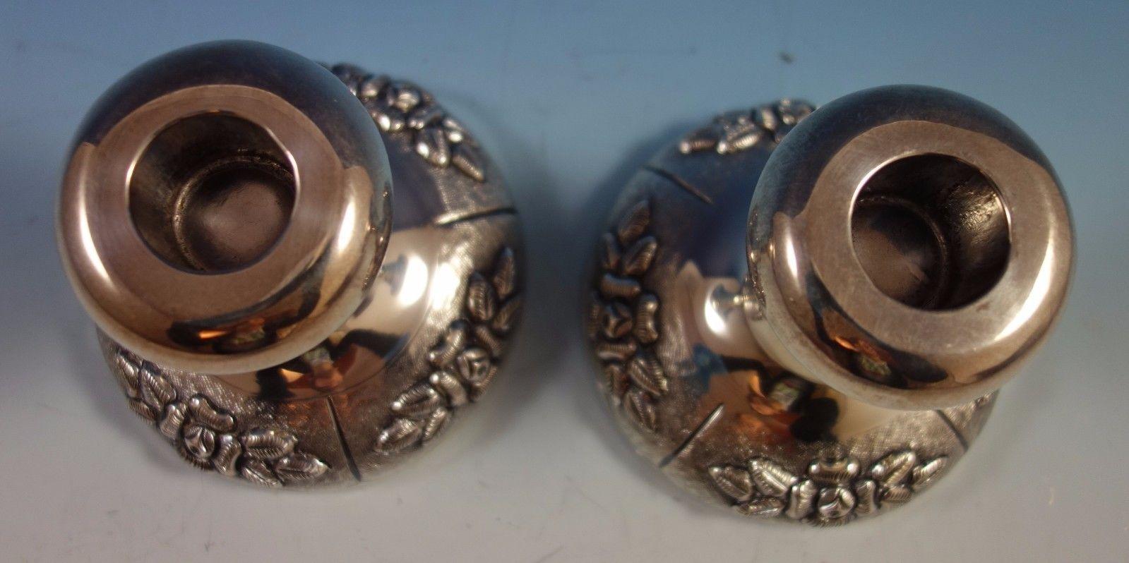 20th Century Aztec Rose by Maciel Mexican Sterling Silver Candlestick Pair #8/1347