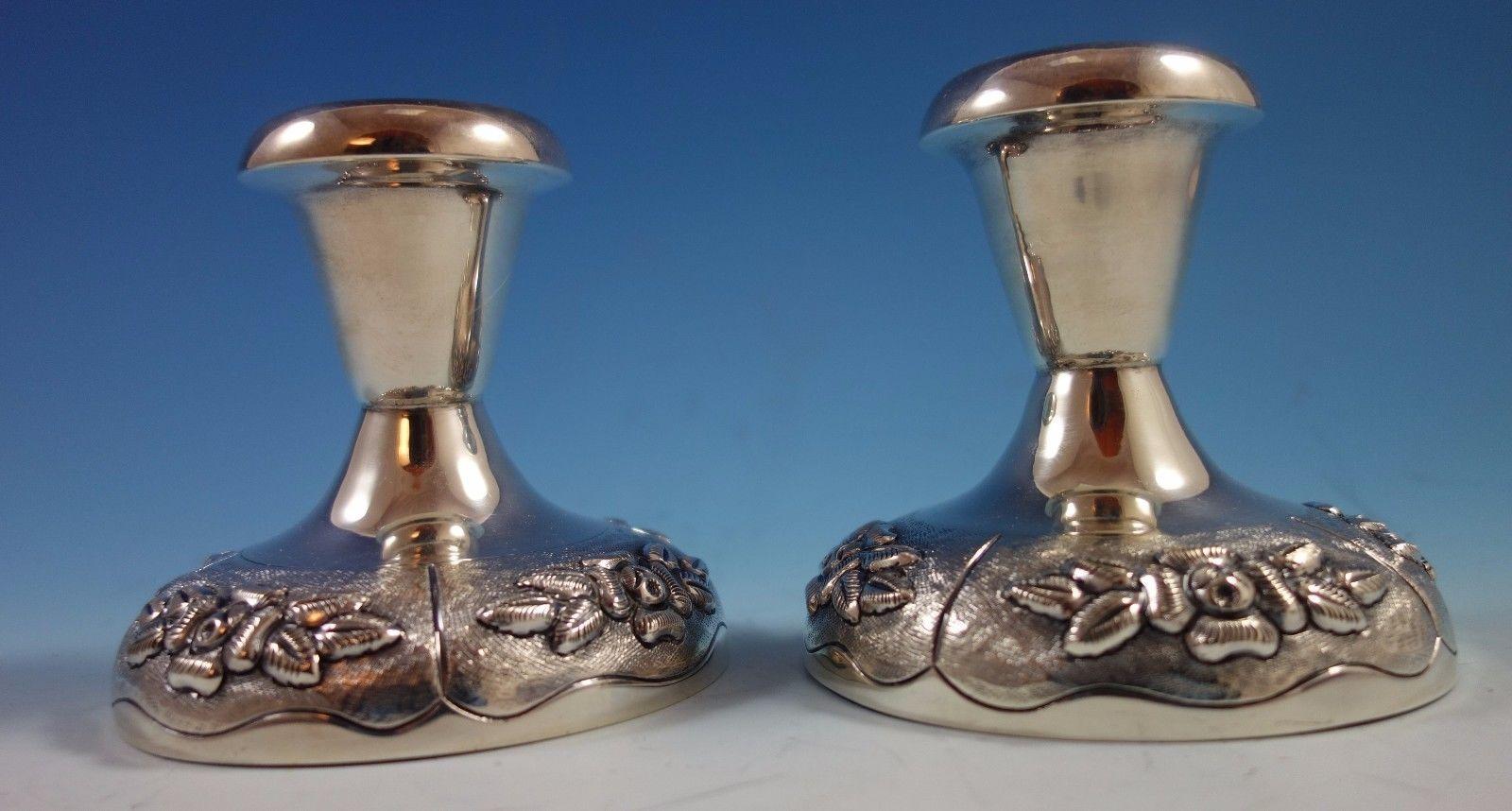 Aztec Rose by Maciel Mexican Sterling Silver Candlestick Pair #8/1347 1