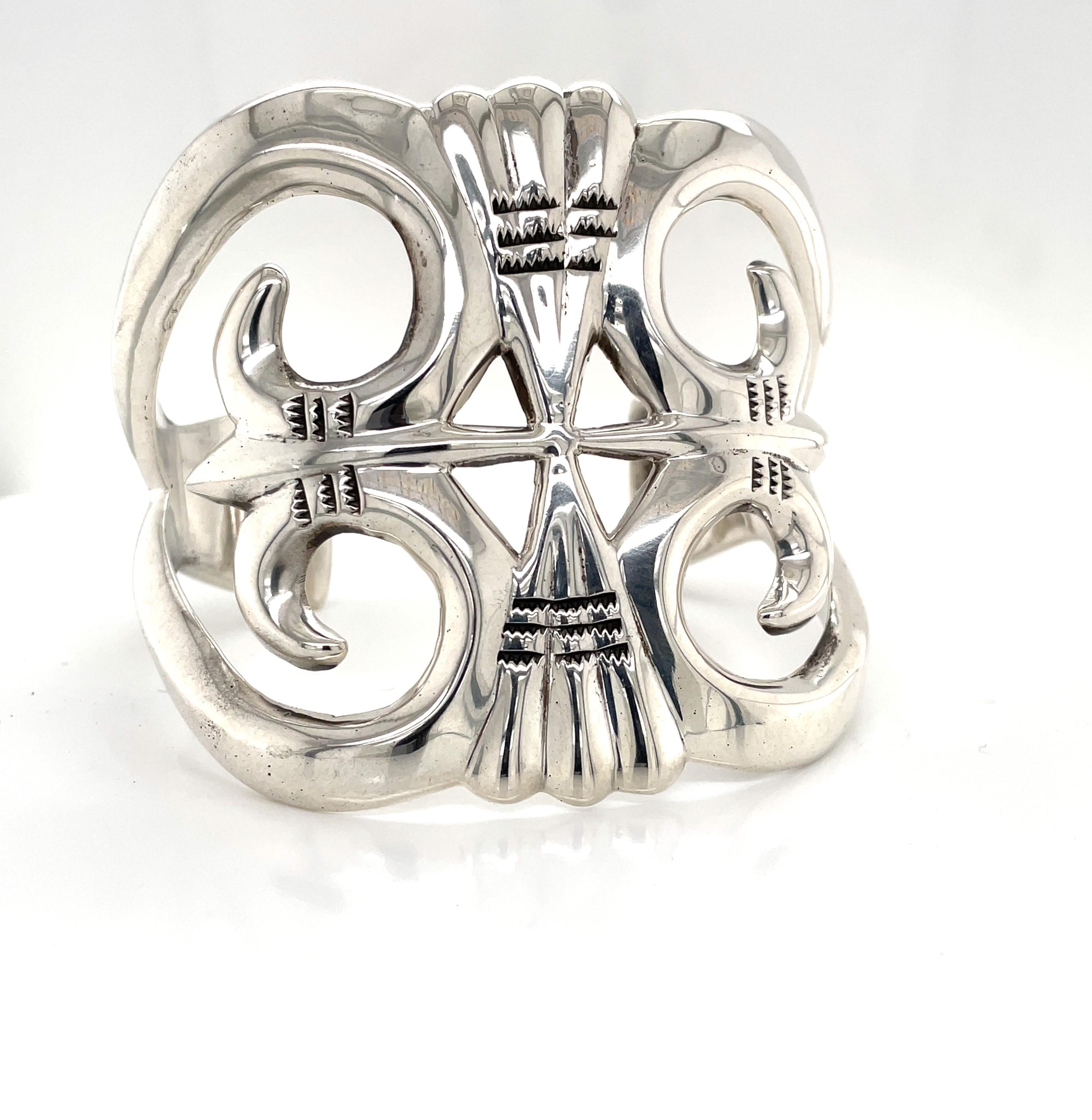 Aztec Silver Wide Cuff Statement Bracelet In Good Condition For Sale In Mount Kisco, NY