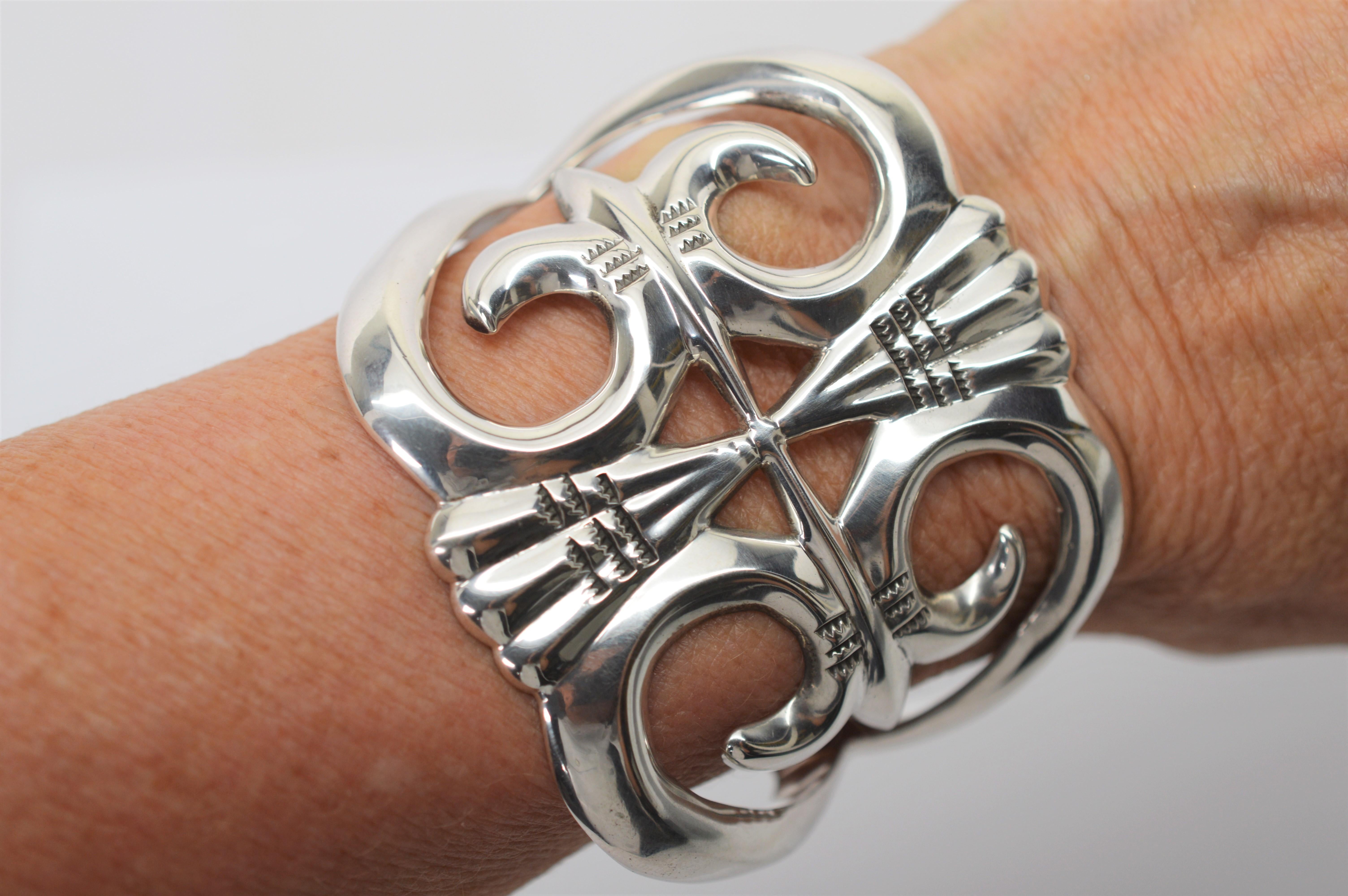 Women's Aztec Silver Wide Cuff Statement Bracelet For Sale