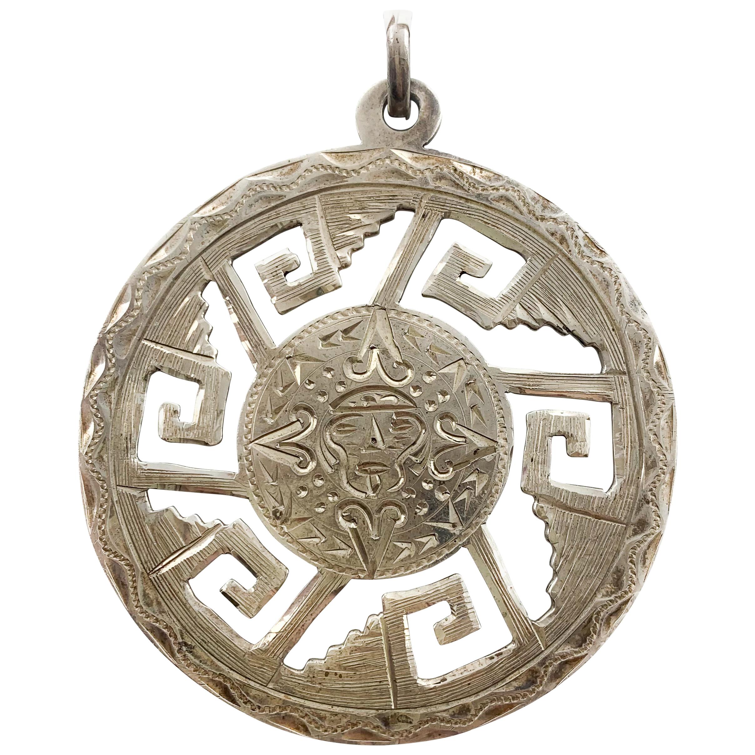 Aztec Style Design Silver Carved Round Pendant