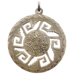 Vintage Aztec Style Design Silver Carved Round Pendant