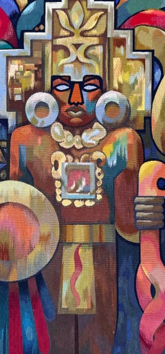 "Aztec with Headdress", Large Art Deco-Mid Century Wool Tapestry, Aubusson, 1963