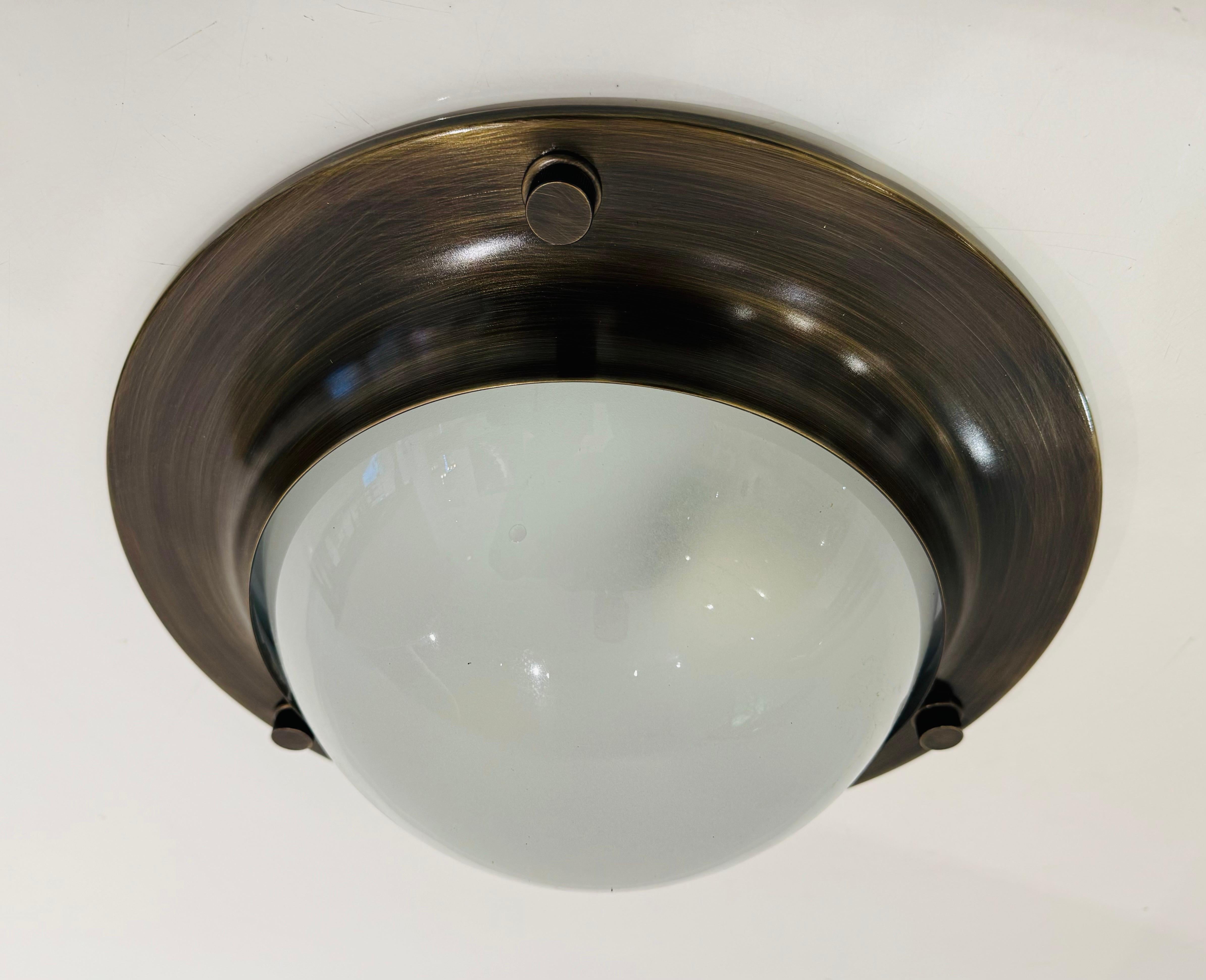 Glass Azucena Aged Brass 1960 Italian Mid Century Flush Ceiling Lamp For Sale