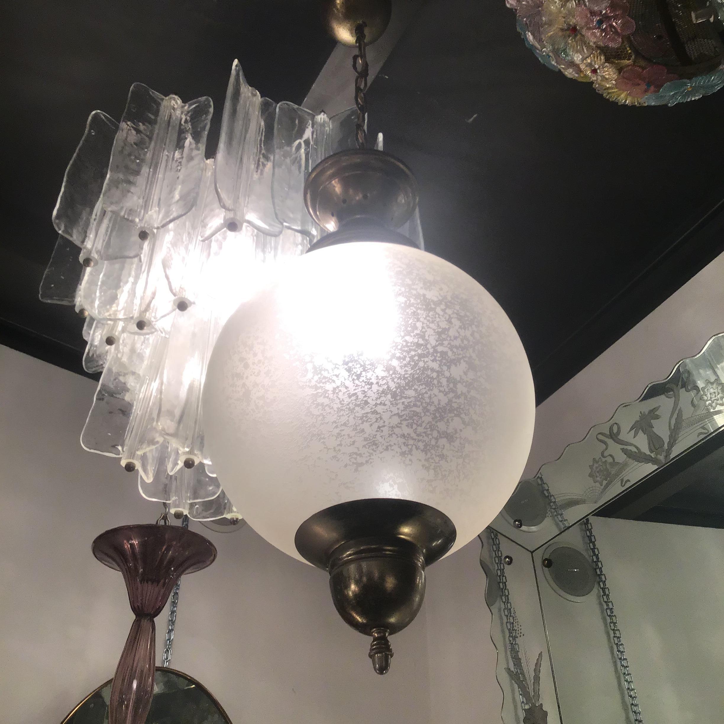 Pair of Azucena Luigi Caccia Dominioni 1950s Chandeliers in chrome-plated metal and etched glass.  Very rare with etched glass. 
