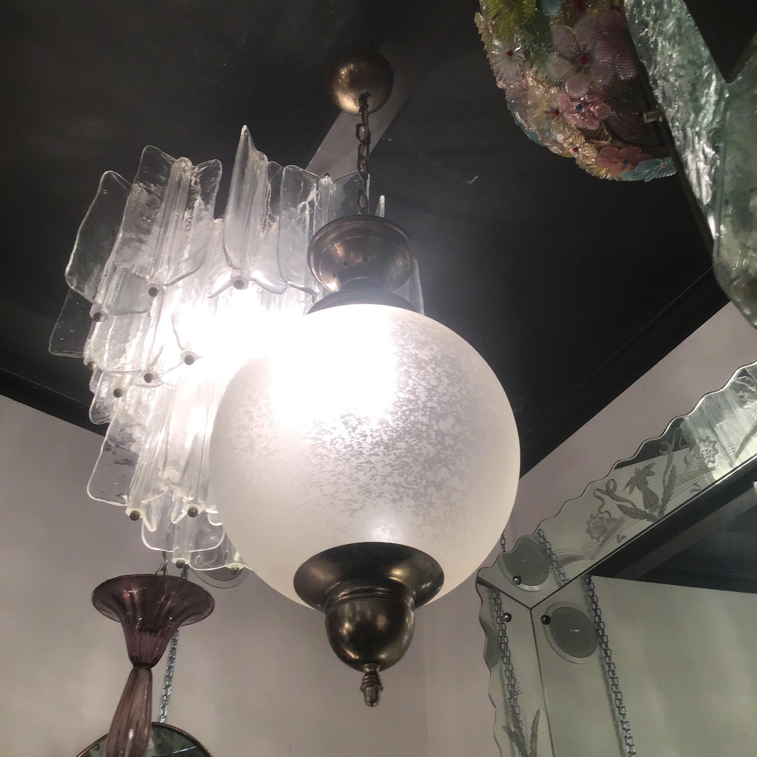 Italian Azucena Luigi Caccia Dominioni Couple Chandeliers Acidate Glass Metal Crome 1950s For Sale