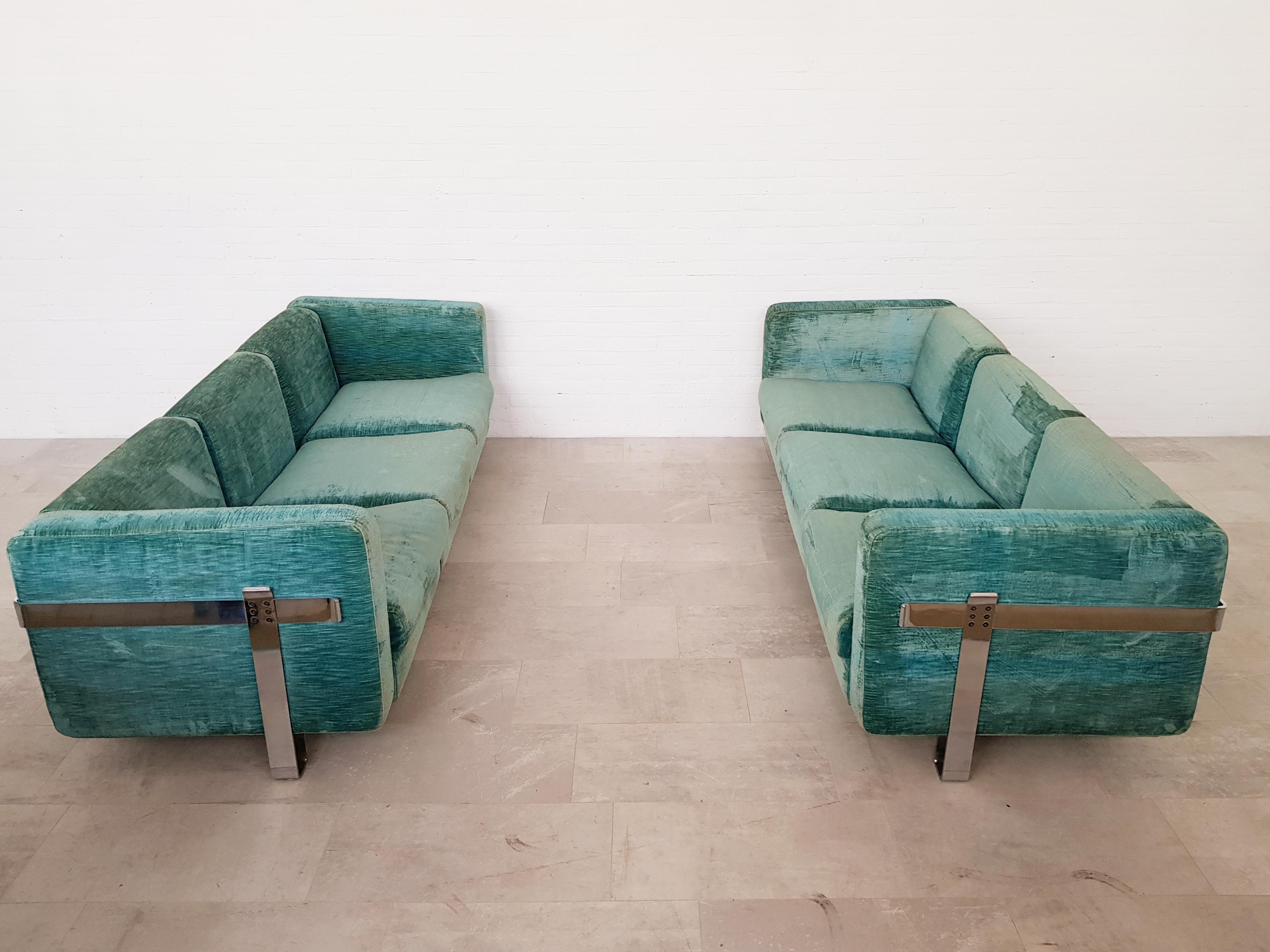 20th Century Azucena Turquoise Velvet Couch in Chrome Frame