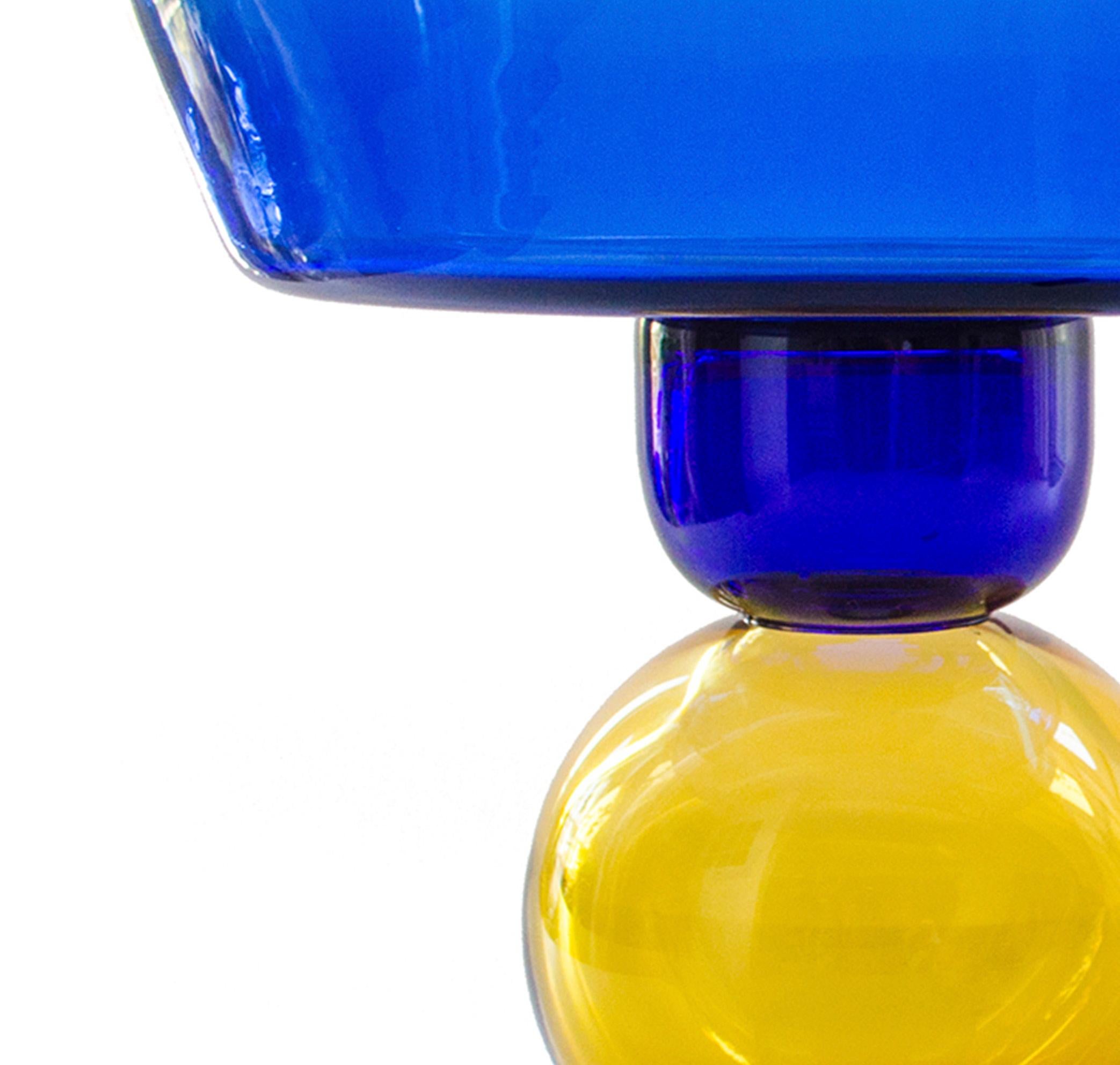 Italian  Contemporary Blue Yellow Fruit Vase Blown Glass Handcrafted Natalia Criado For Sale