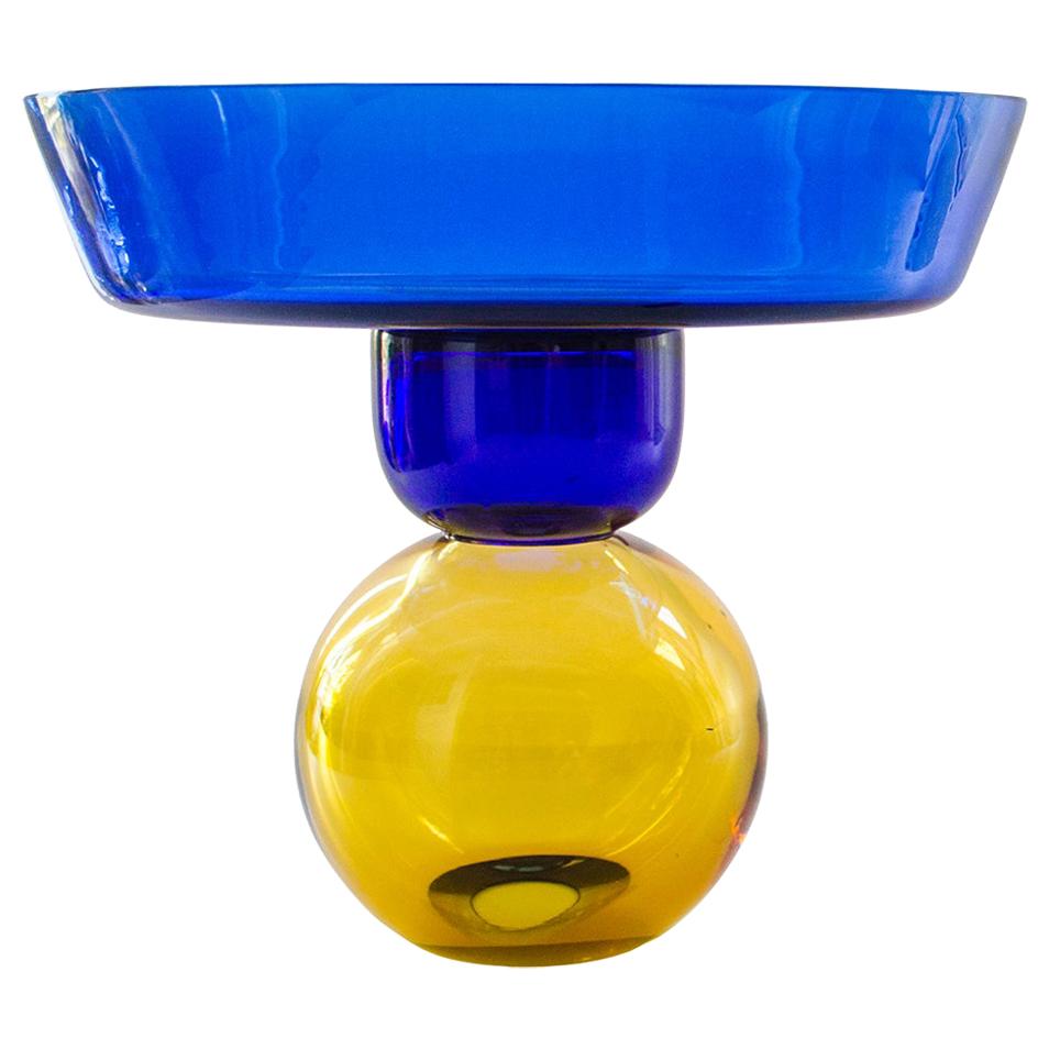  Contemporary Blue Yellow Fruit Vase Blown Glass Handcrafted Natalia Criado For Sale