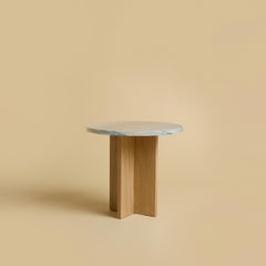 Round White Marble Top with Blue Pattern and Natural Oak SideTable by Lebanto
