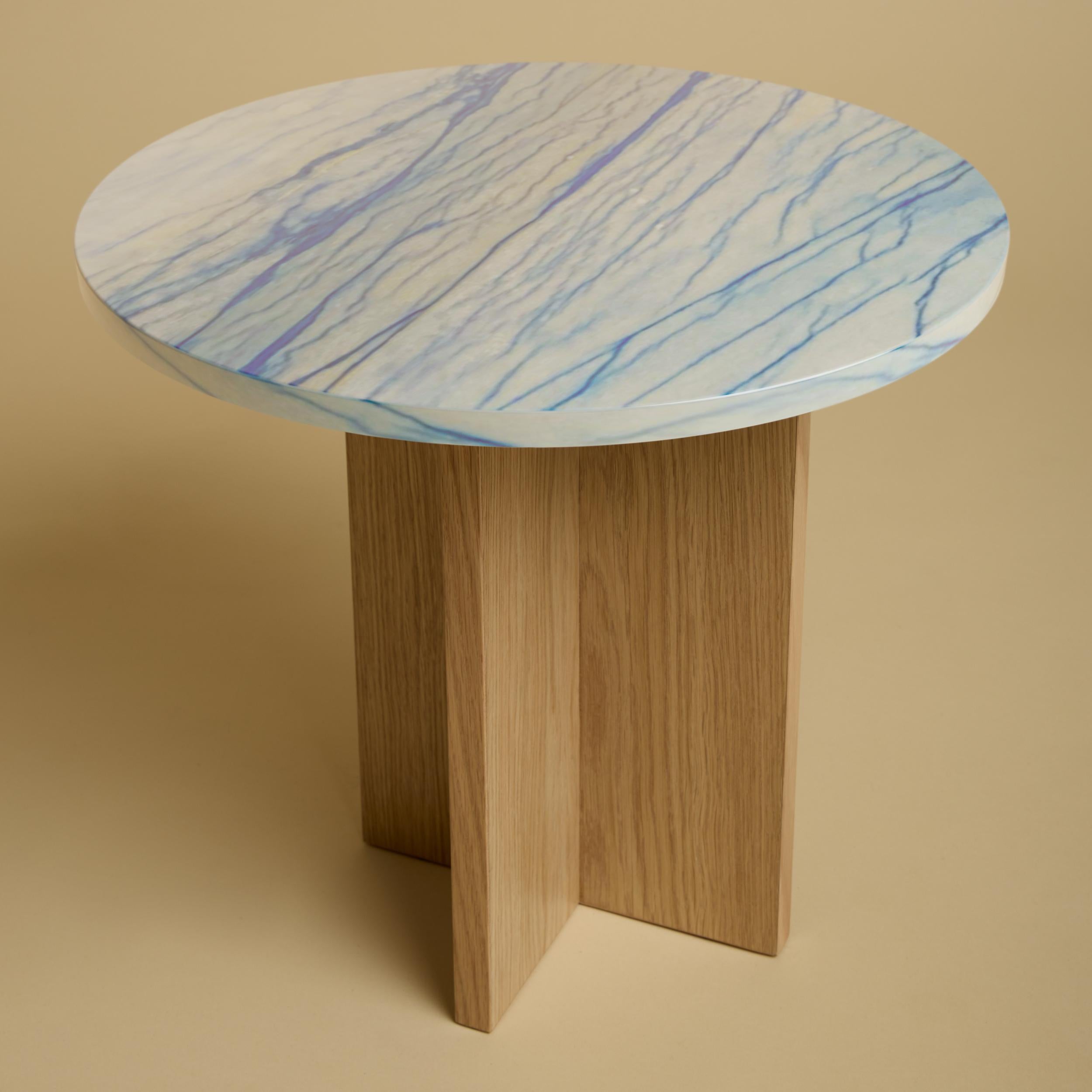 Italian Round White Marble Top with Blue Pattern and Natural Oak SideTable by Lebanto For Sale