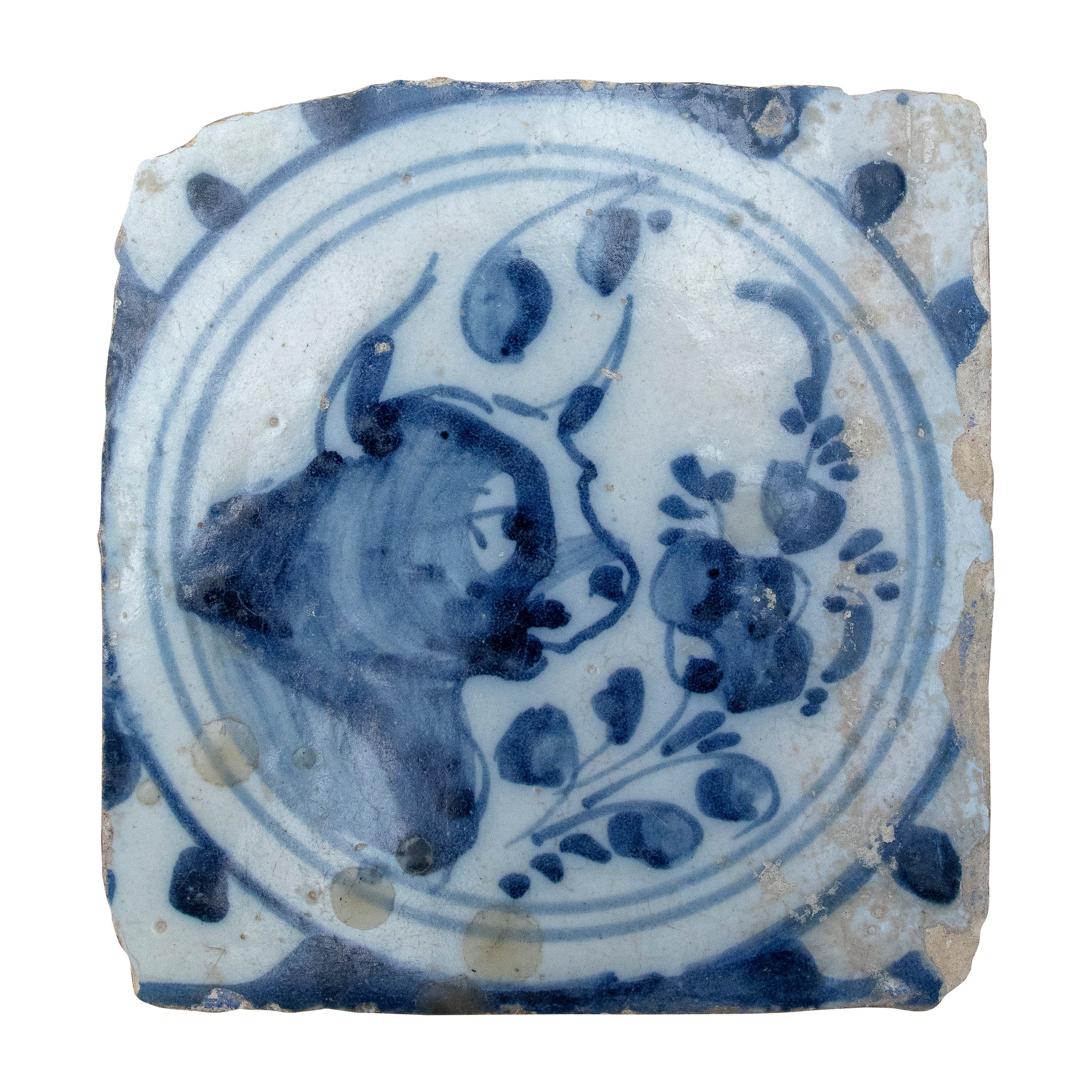Azulejo de cerámica vidriada español de triana en color azul y blanco, Y.S XVIII en vente