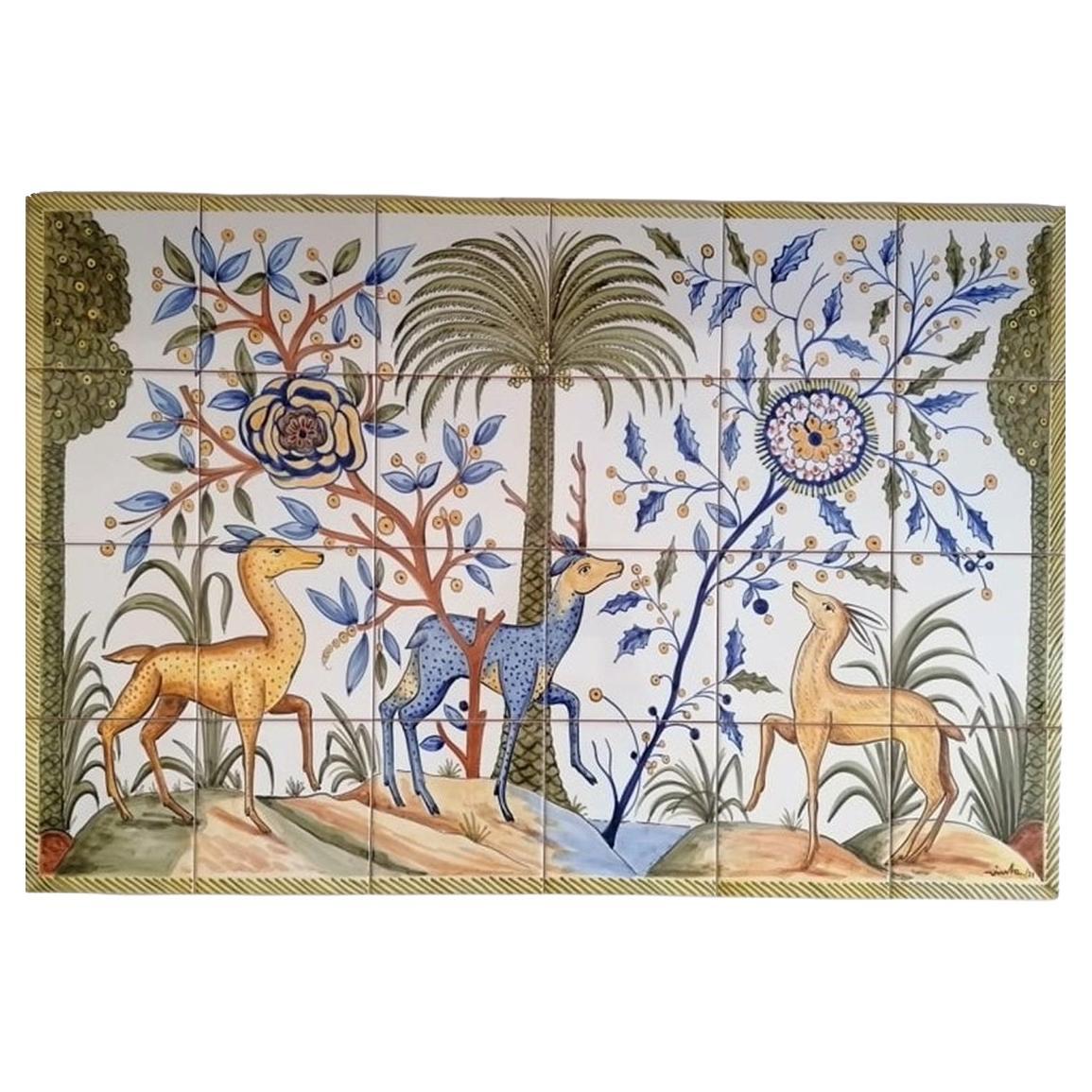Azulejos Decorativos Portugueses "Ciervo" Pintados a Mano y Firmados por el Artista