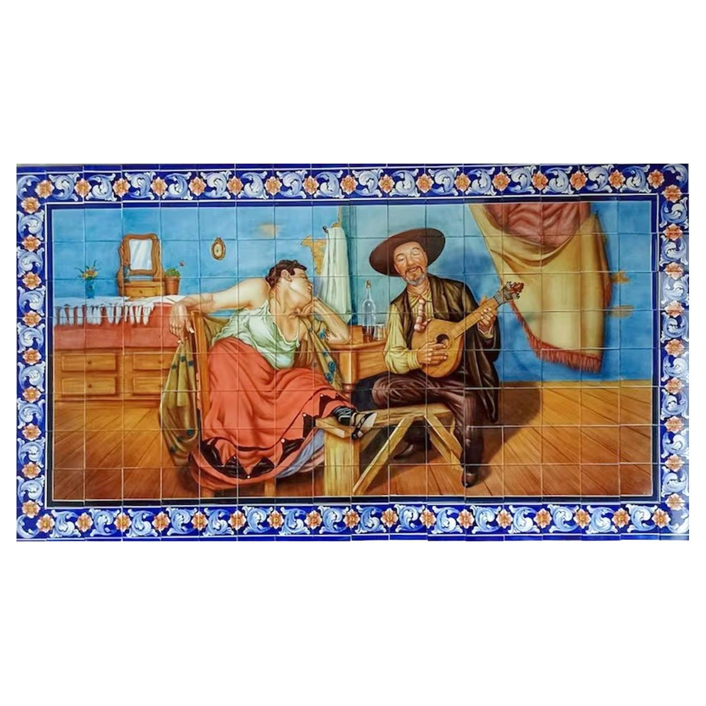 Portugiesische handbemalte Kachel-Wandmalerei „Fado“ von Azulejos, signiert vom Künstler