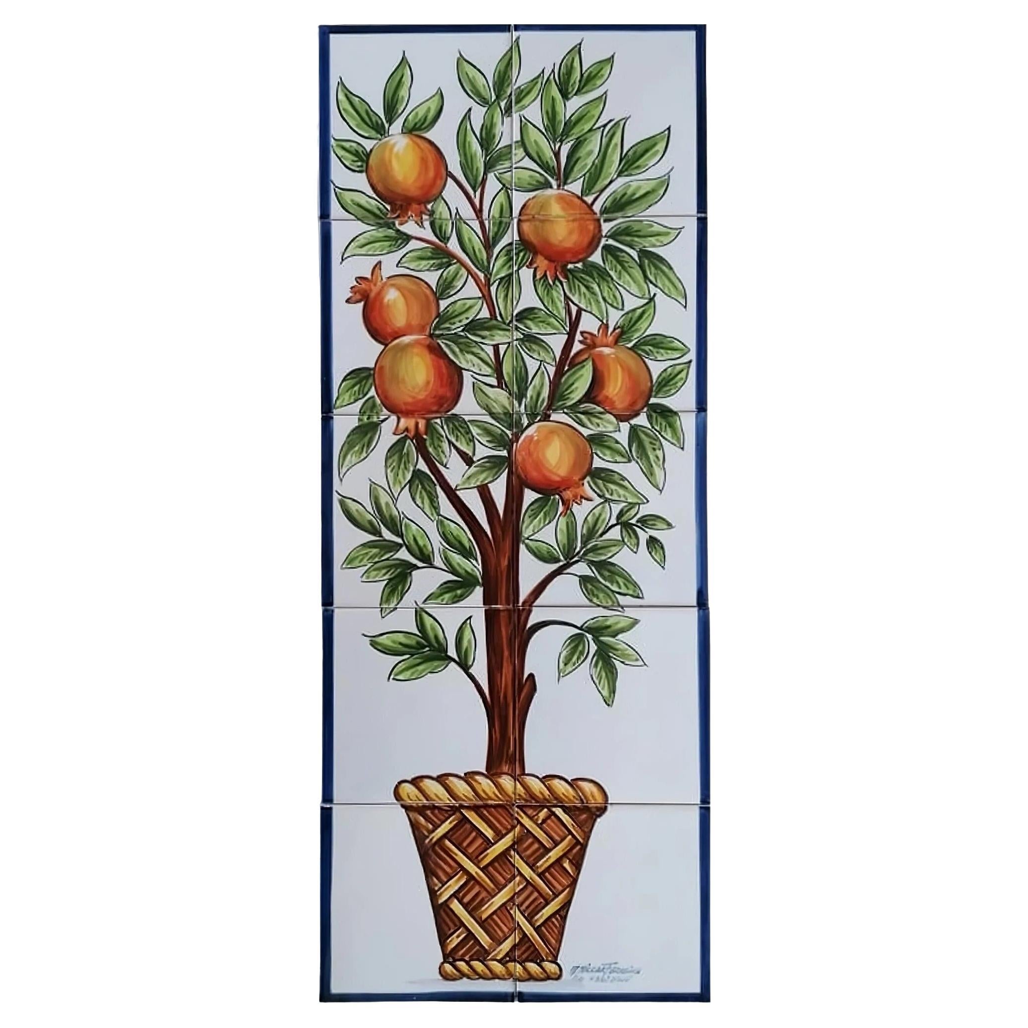 Azulejos Portuguese Hand Painted Tile Mural "Pomegranate Tree" Signed by Artist