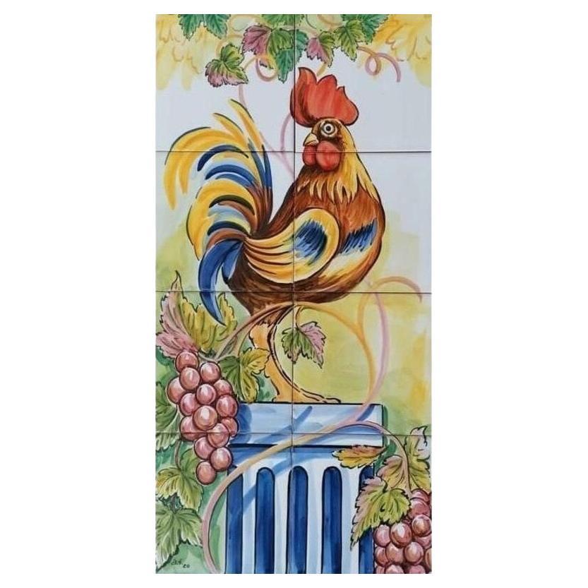 Azulejos Portuguese Hand Painted Tile Mural "Rooster" Signed by Artist