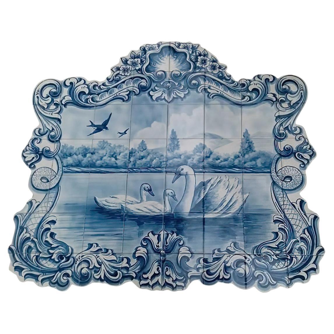 Azulejos portugais carreaux peints à la main « Swans » signé par l'artiste en vente