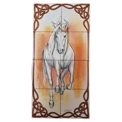 Azulejos Portuguese Hand Painted Tile Mural "White Horse" Signed by Artist 