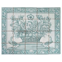 Portuguese Artisanal Tiles "Flower Basket" Hand Painted and Signed by Artist