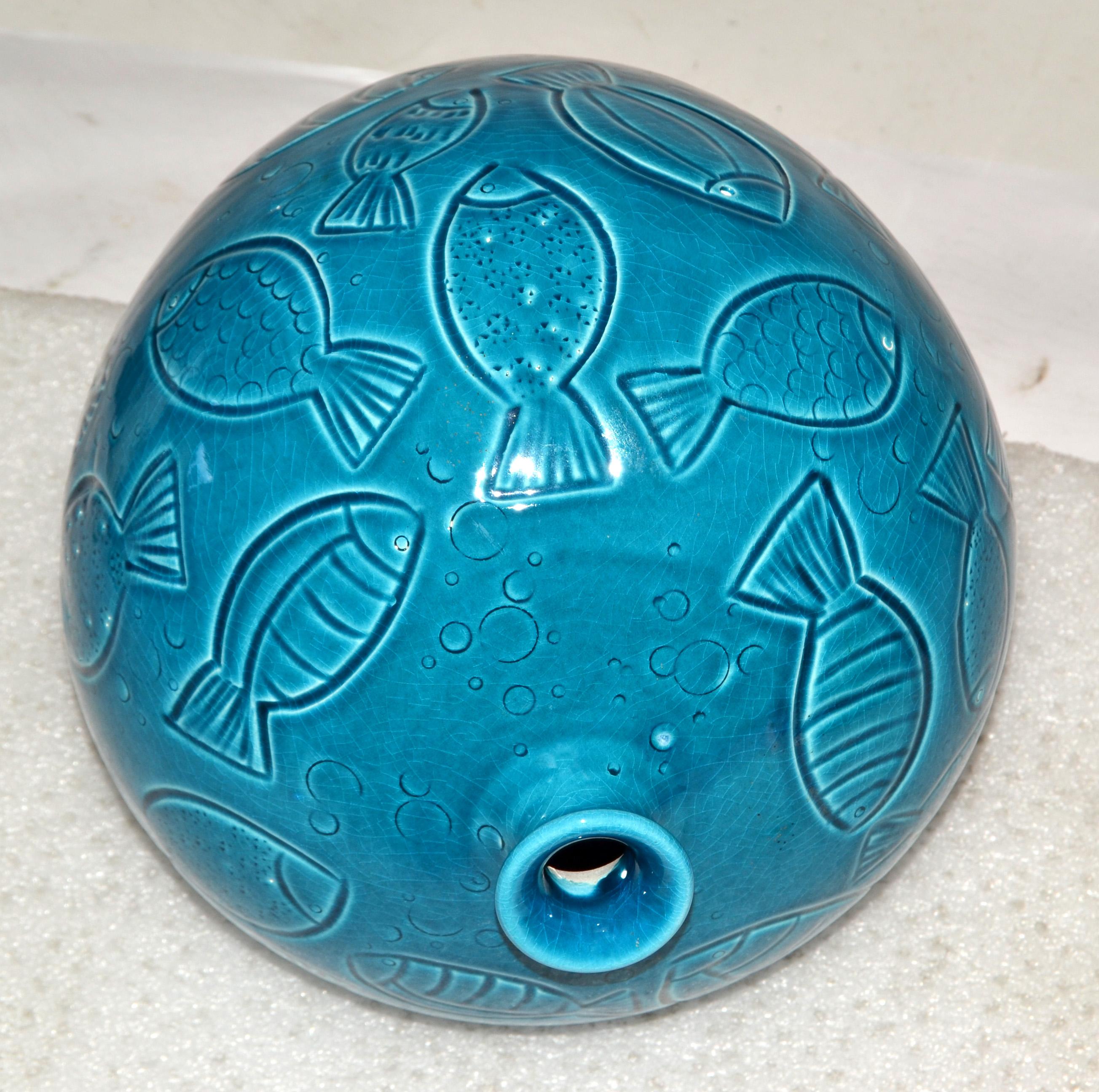 Azur Blue Italy Round Fish Vase Ceramiche Tadinate Handmade Pottery Coastal   For Sale 2