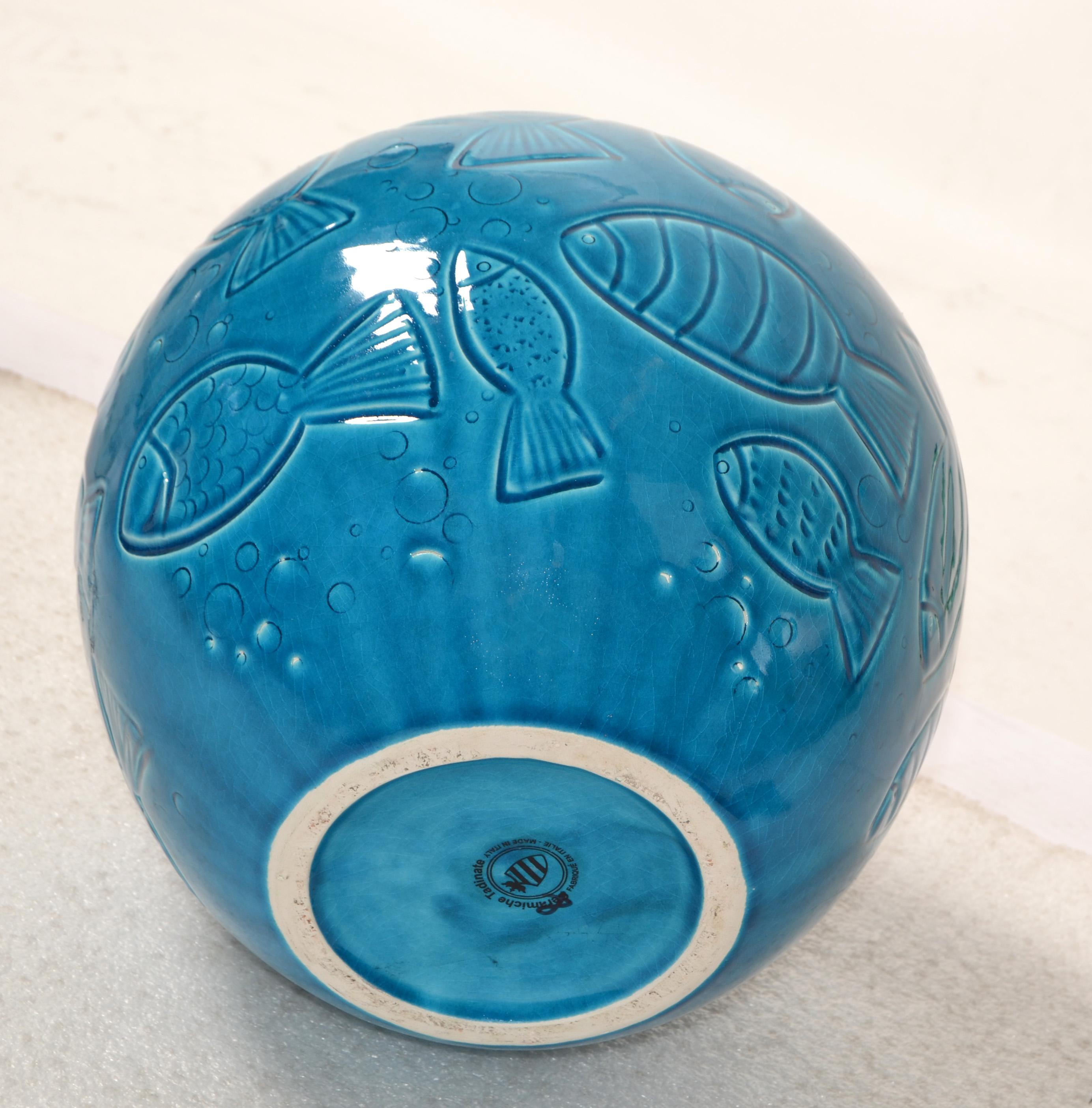 Azur Blue Italy Round Fish Vase Ceramiche Tadinate Handmade Pottery Coastal   For Sale 3