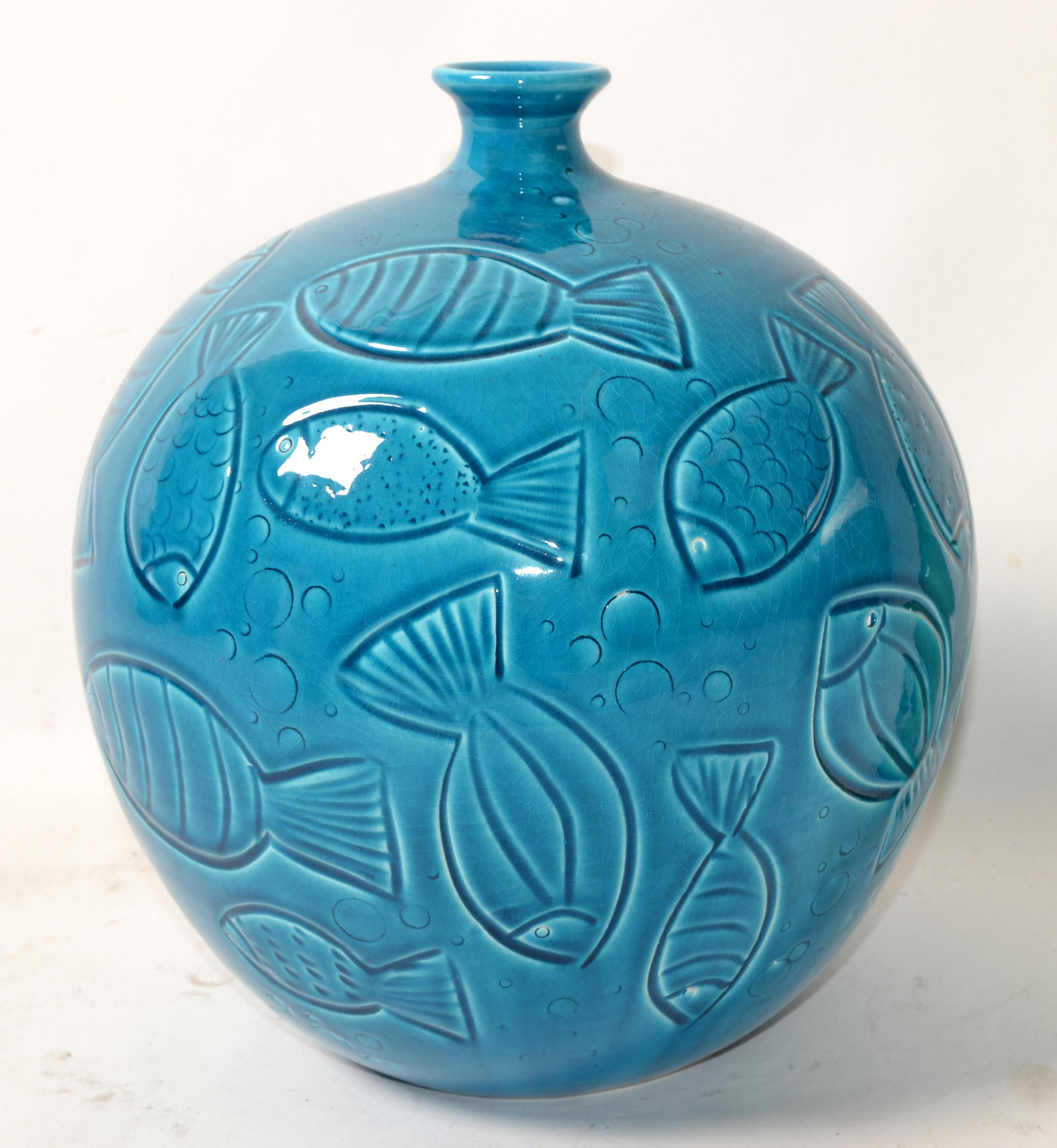 Azur Blue Italy Round Fish Vase Ceramiche Tadinate Handmade Pottery Coastal   For Sale 6
