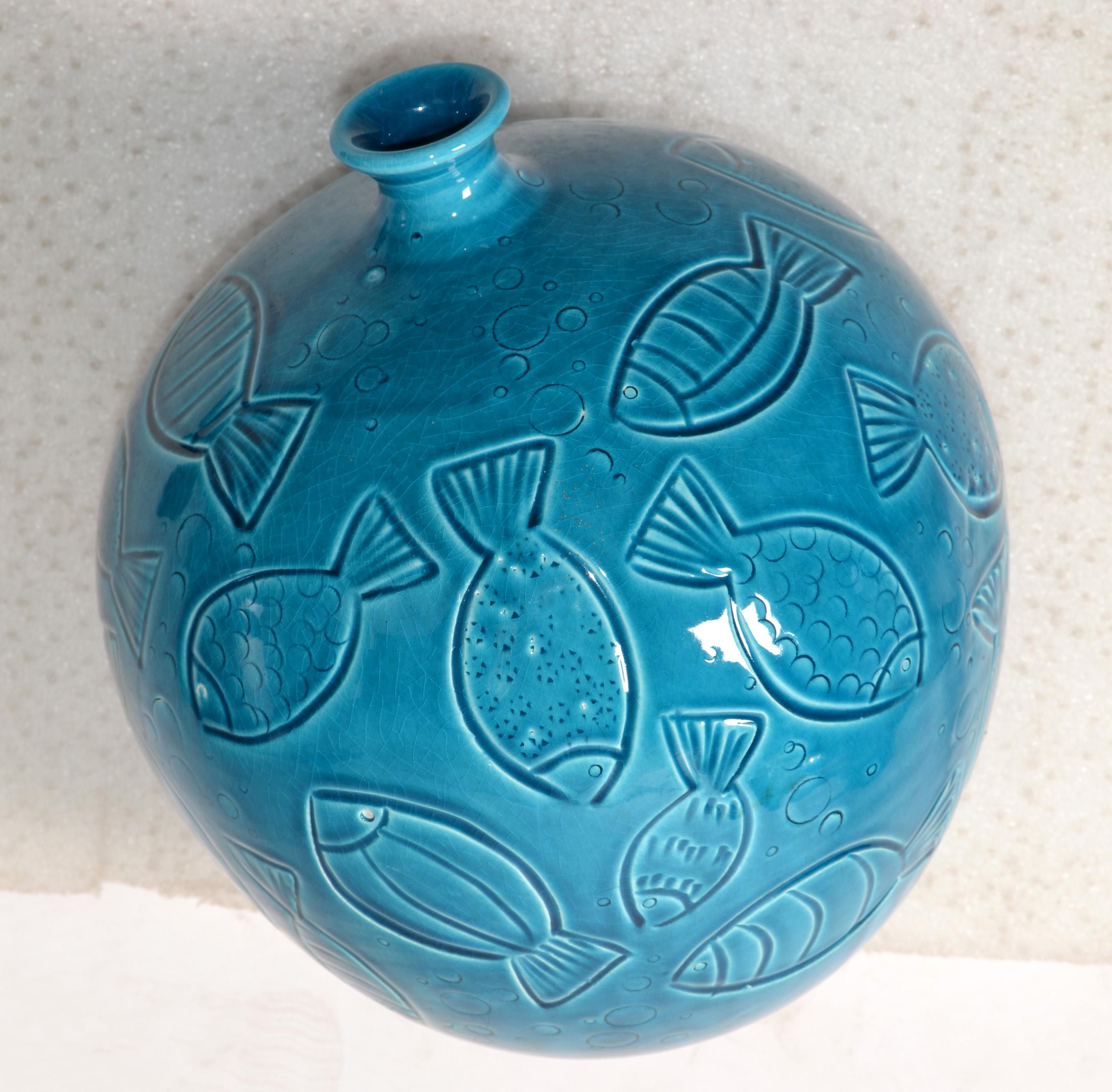 Mid-Century Modern Azur Blue Italy Round Fish Vase Ceramiche Tadinate Handmade Pottery Coastal   For Sale