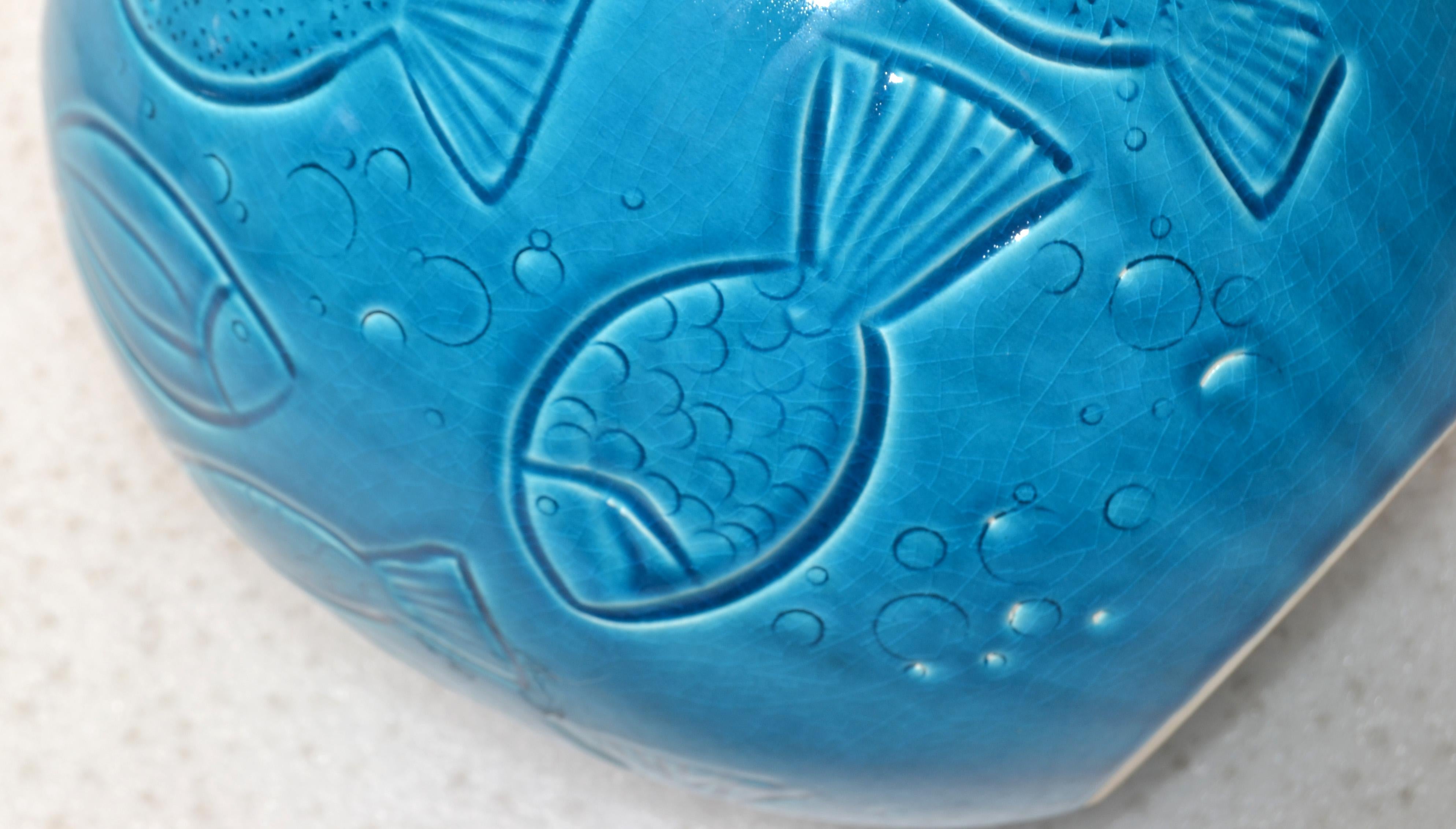 Italian Azur Blue Italy Round Fish Vase Ceramiche Tadinate Handmade Pottery Coastal   For Sale