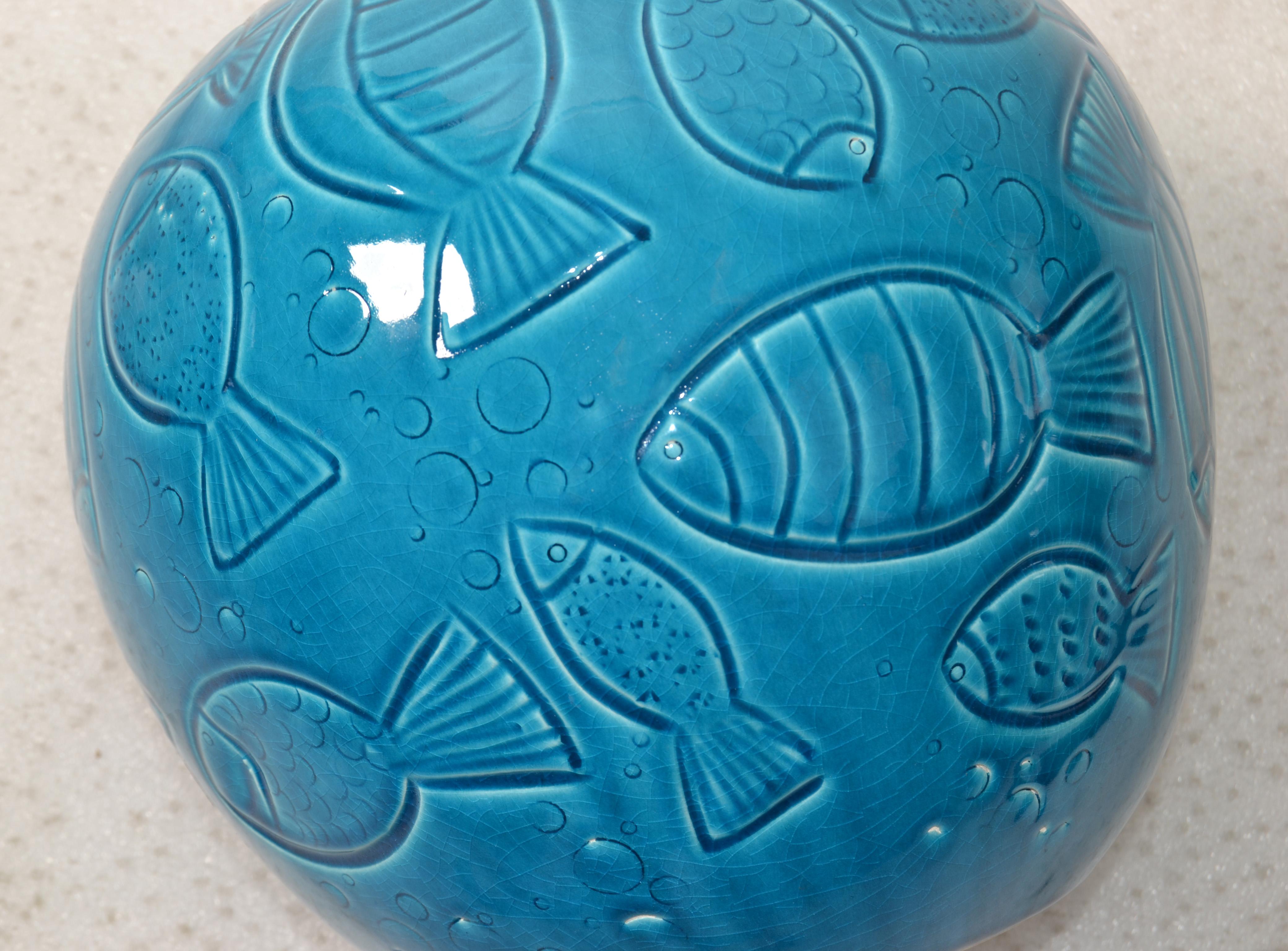 Hand-Crafted Azur Blue Italy Round Fish Vase Ceramiche Tadinate Handmade Pottery Coastal   For Sale