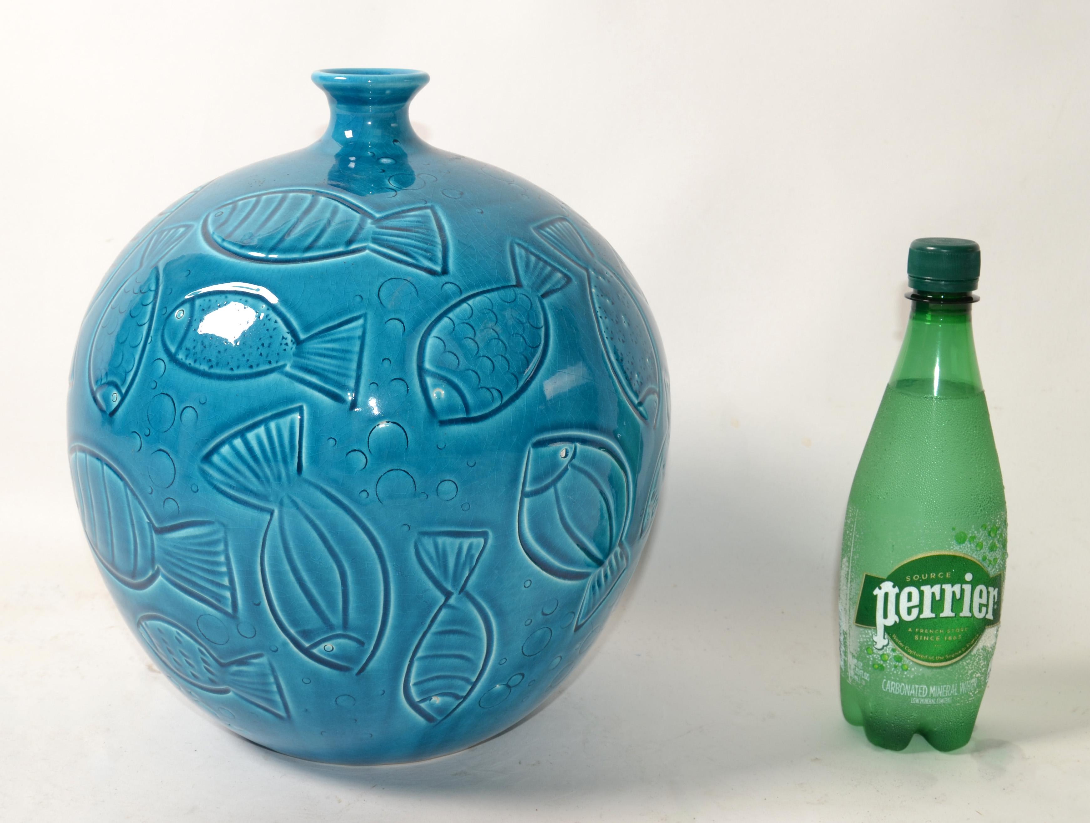 Azur Blue Italy Round Fish Vase Ceramiche Tadinate Handmade Pottery Coastal   In Good Condition For Sale In Miami, FL