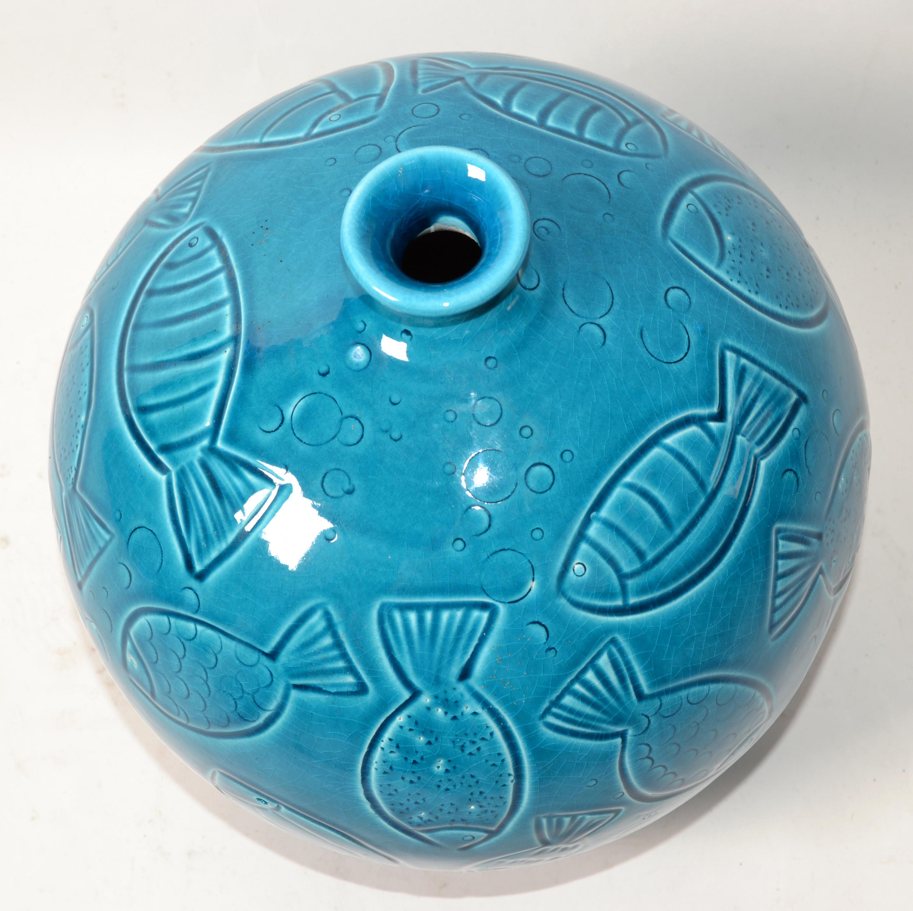 20th Century Azur Blue Italy Round Fish Vase Ceramiche Tadinate Handmade Pottery Coastal   For Sale