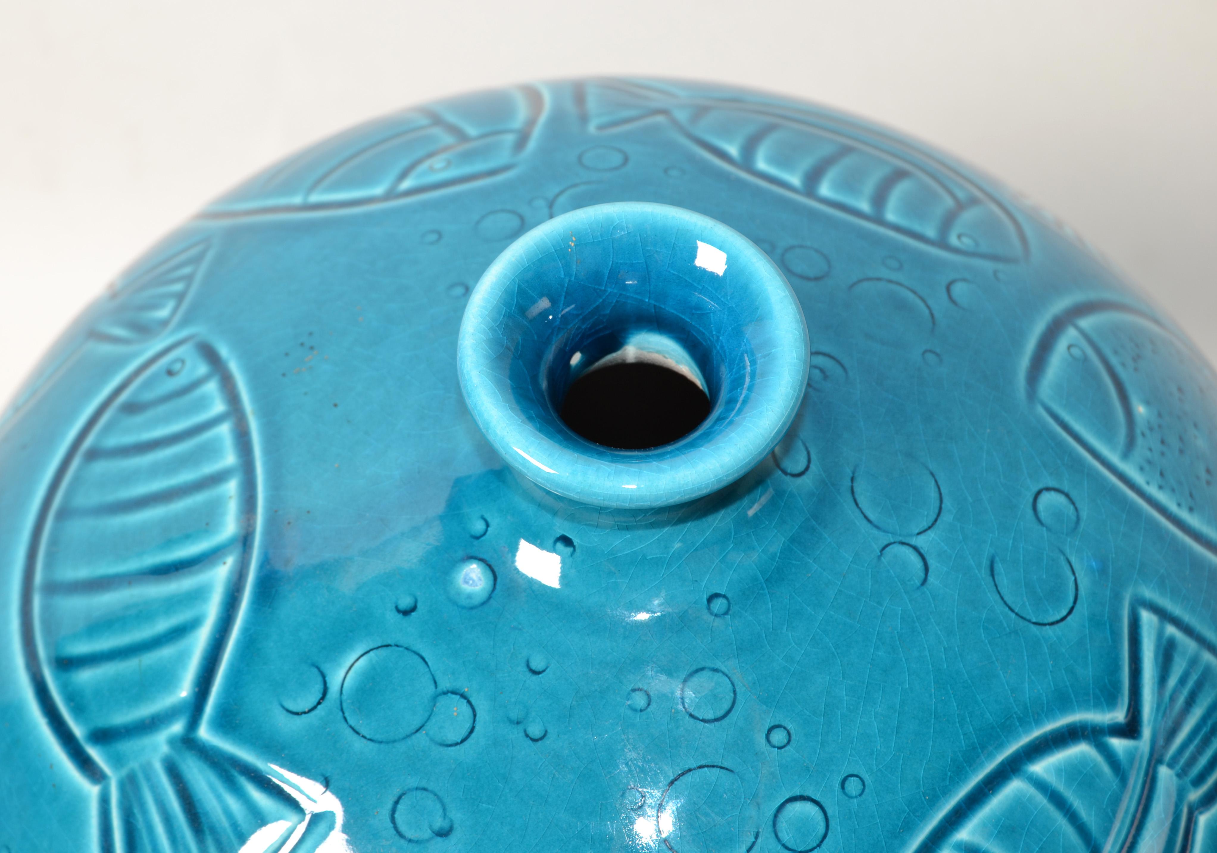Azur Blue Italy Round Fish Vase Ceramiche Tadinate Handmade Pottery Coastal   For Sale 1
