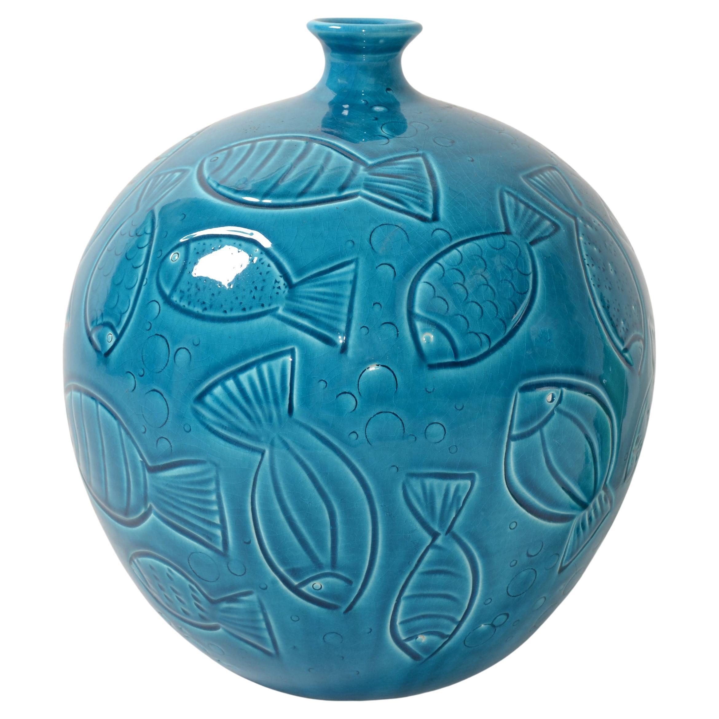 Azur Blue Italy Round Fish Vase Ceramiche Tadinate Handmade Pottery Coastal   For Sale