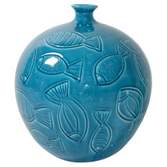 Azur Blue Italy Round Fish Vase Ceramiche Tadinate Handmade Pottery Coastal  