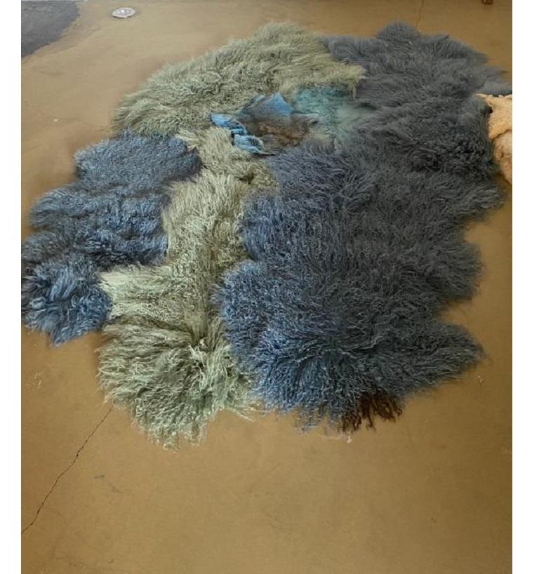 Azur rug by Carine Boxy
Dimensions: 250 x 200 cm
Materials: Naturally dyed sheepskin.

Each rug is different and unique, please contact us for made to order dimensions.
Carine Boxy is internationally known for her artistic sheepskin rugs. Each