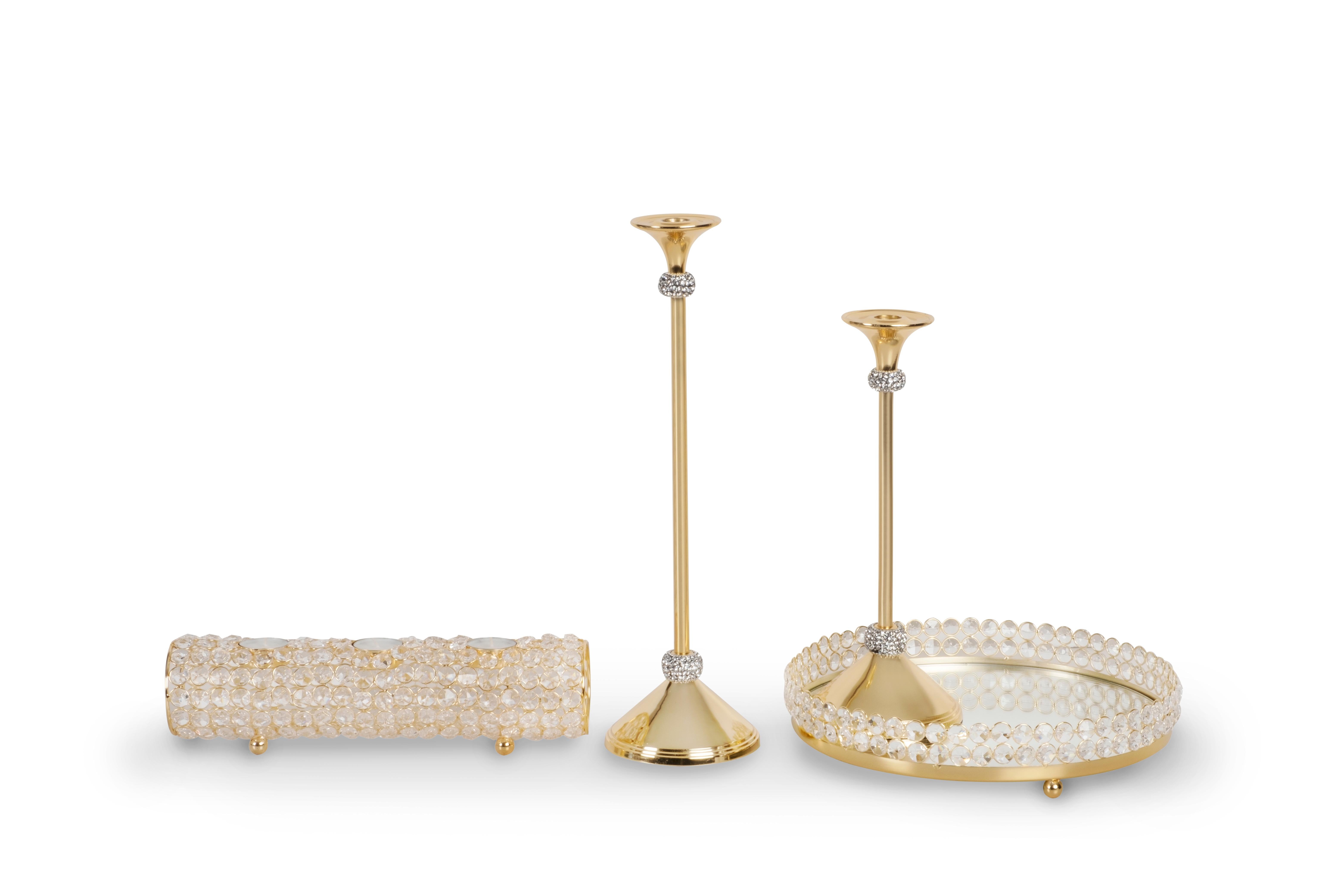 Portuguese Decorative Candleholders & Tray, Golden Nickel, Handmade by Lusitanus Home For Sale
