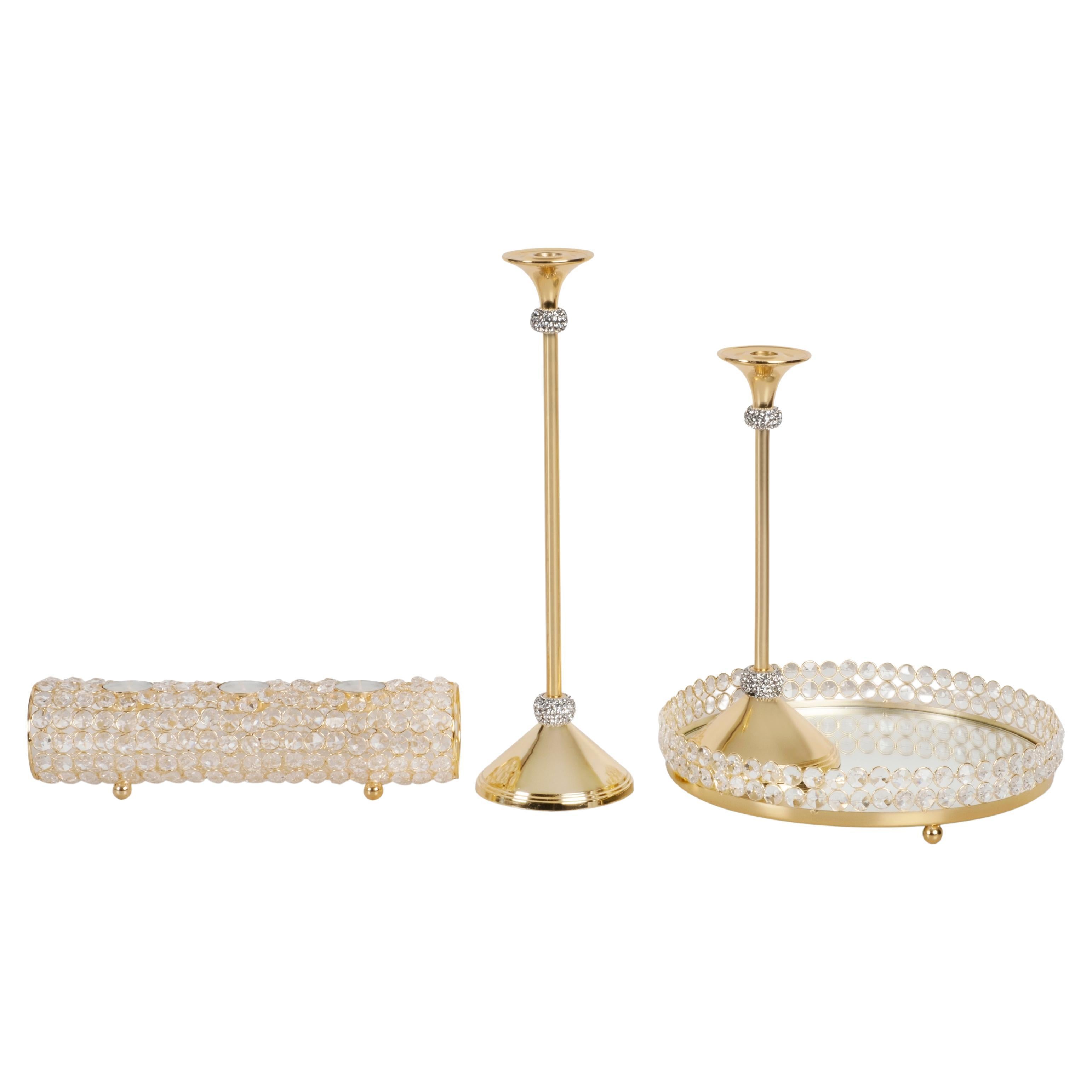 Dekorative Kerzenständer und Tablett, goldenes Nickel, handgefertigt von Lusitanus Home im Angebot