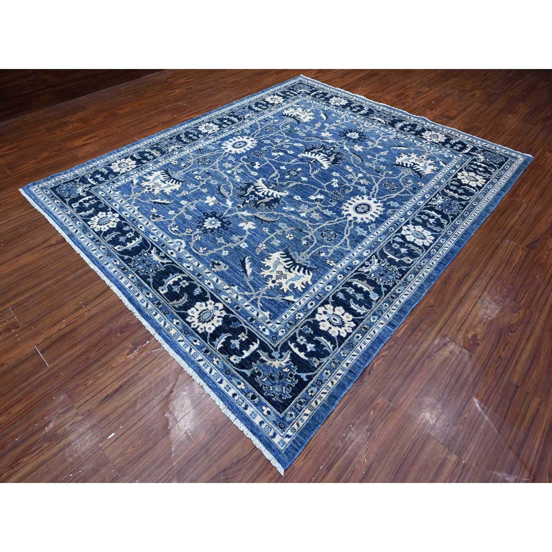 Oushak Tapis oriental bleu azur avec motif Mahal noué à la main 8'1