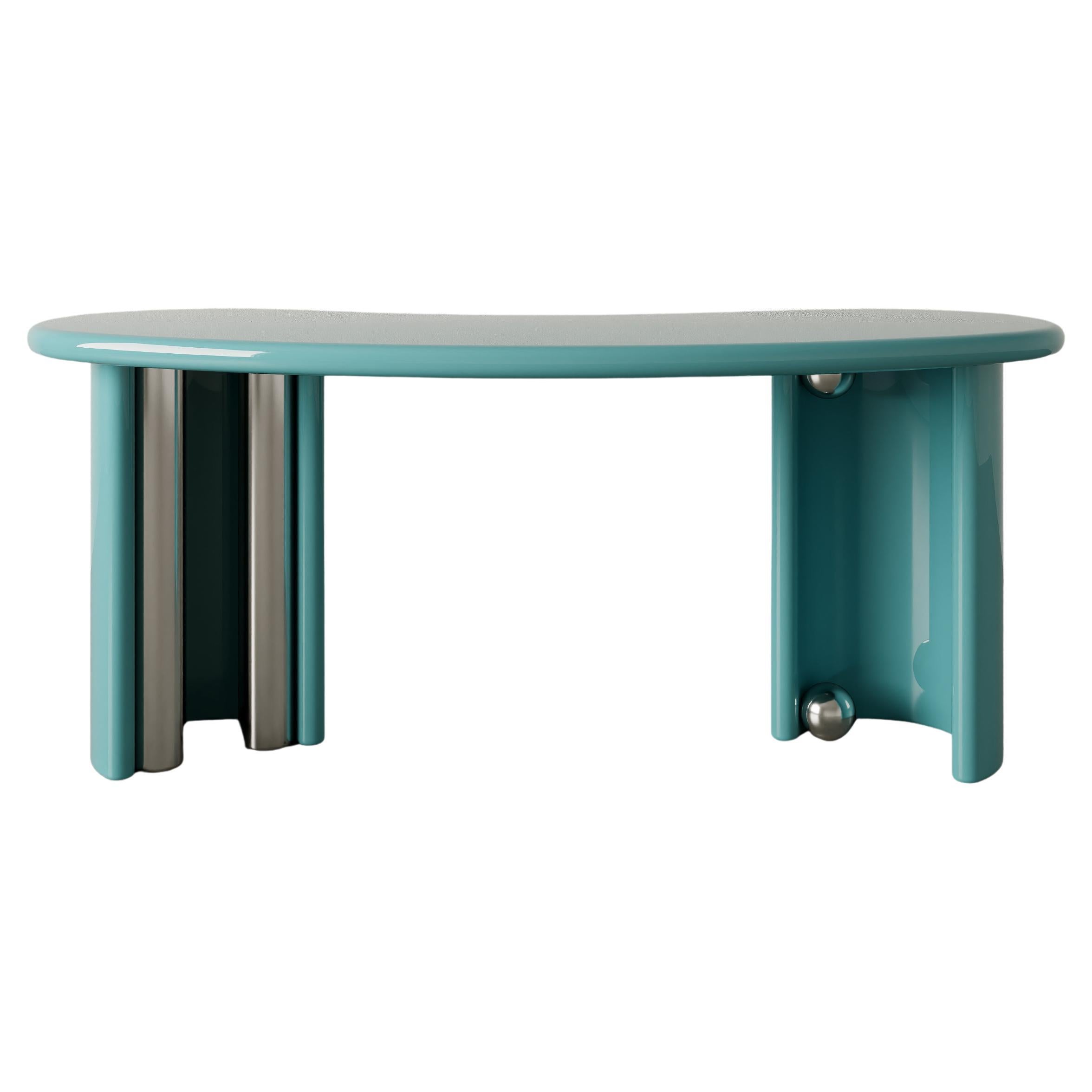 Azure Blue Glossy Lacquer Paint, Stainless Metal, Azuron Desk By OMER OZTURK For Sale