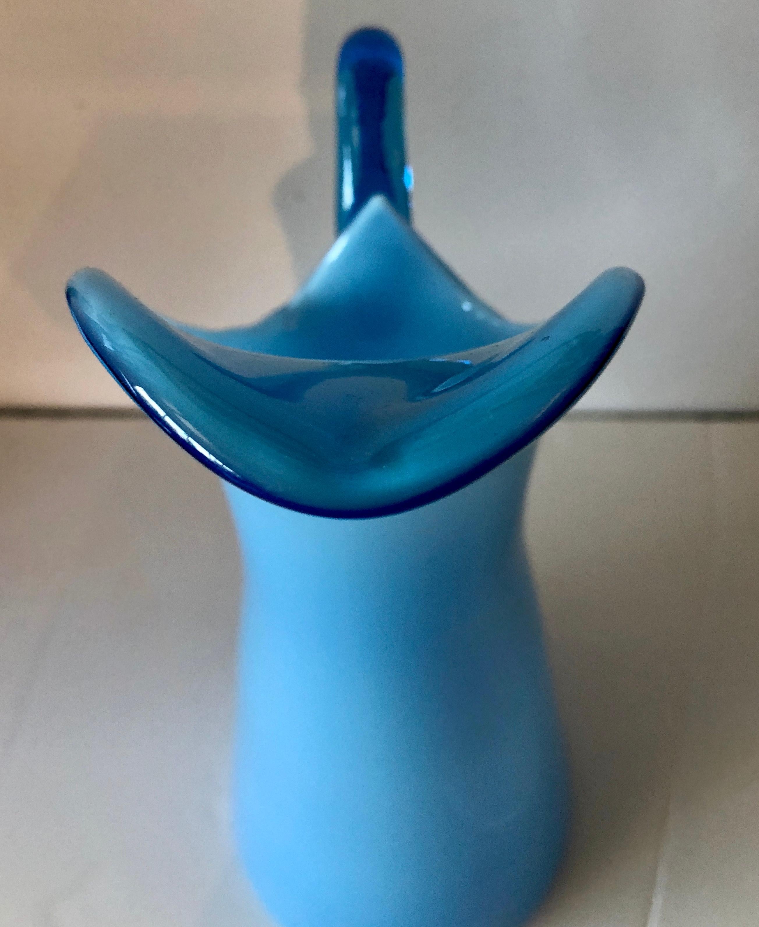 Azure Blue Over White Cased Venetian Glass Pitcher with Darker Blue Handle For Sale 4