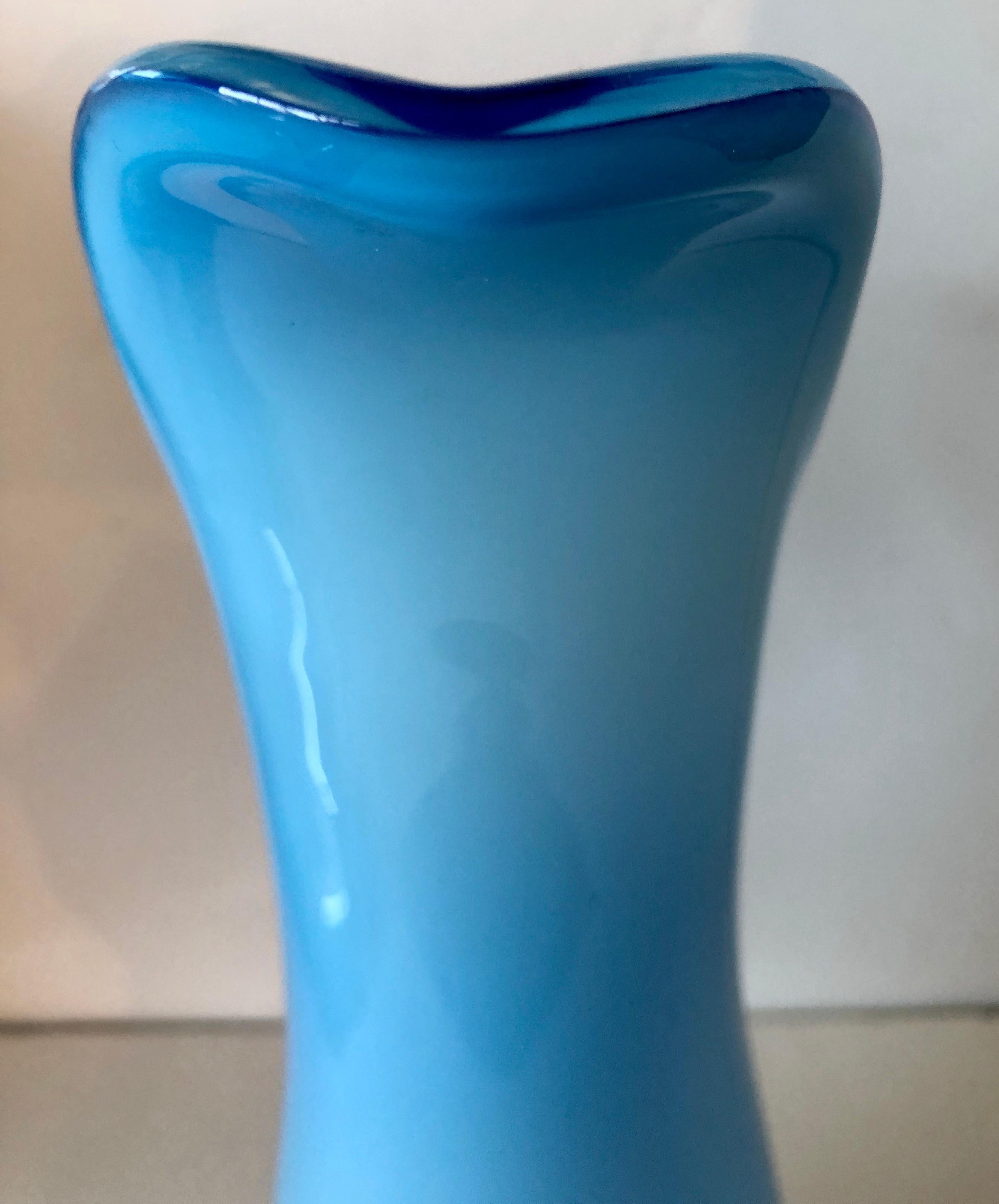 Azure Blue Over White Cased Venetian Glass Pitcher with Darker Blue Handle For Sale 5
