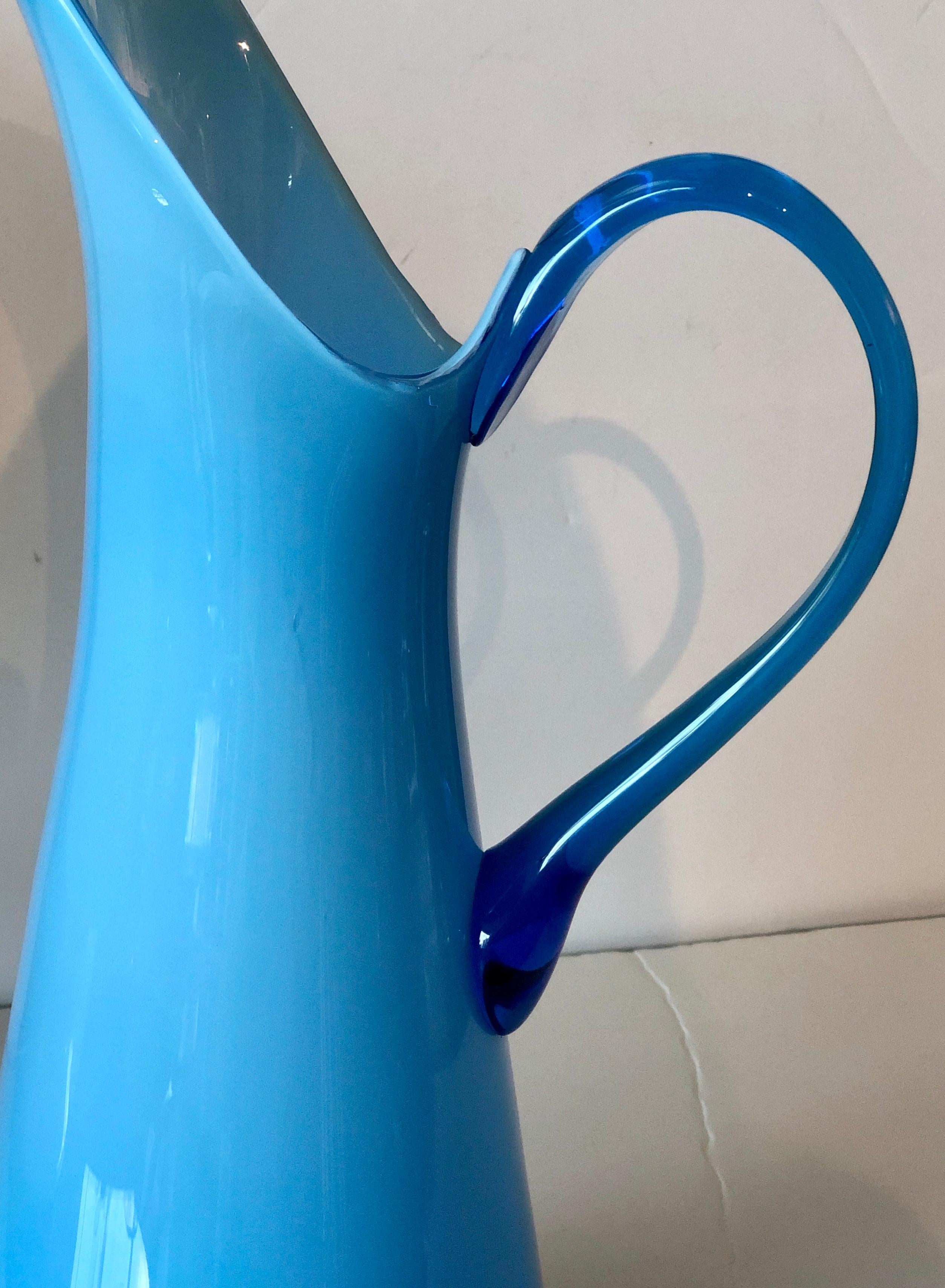 Mid-Century Modern Azure Blue Over White Cased Venetian Glass Pitcher with Darker Blue Handle For Sale
