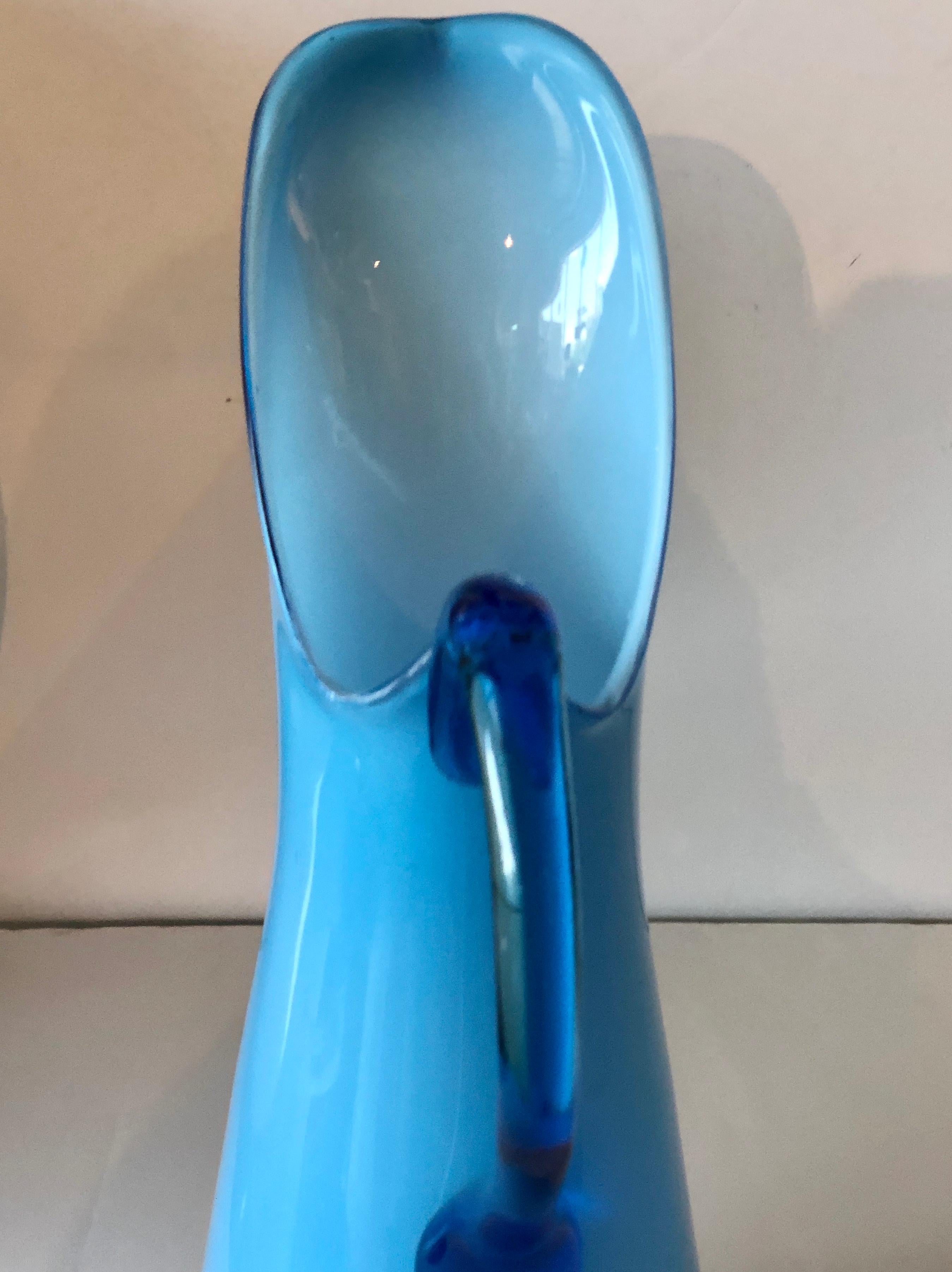 Italian Azure Blue Over White Cased Venetian Glass Pitcher with Darker Blue Handle For Sale
