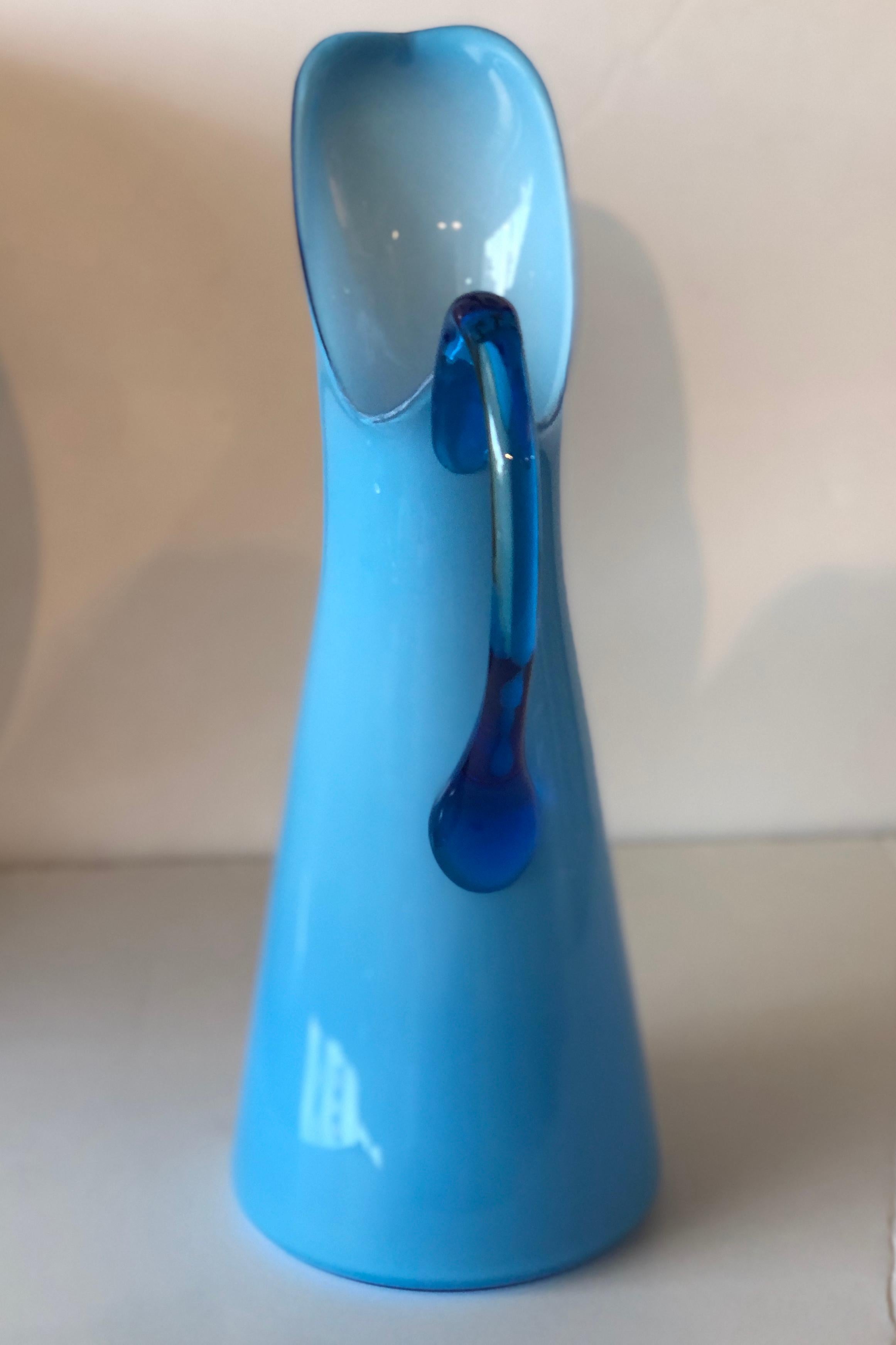 Azure Blue Over White Cased Venetian Glass Pitcher with Darker Blue Handle In Good Condition For Sale In Houston, TX