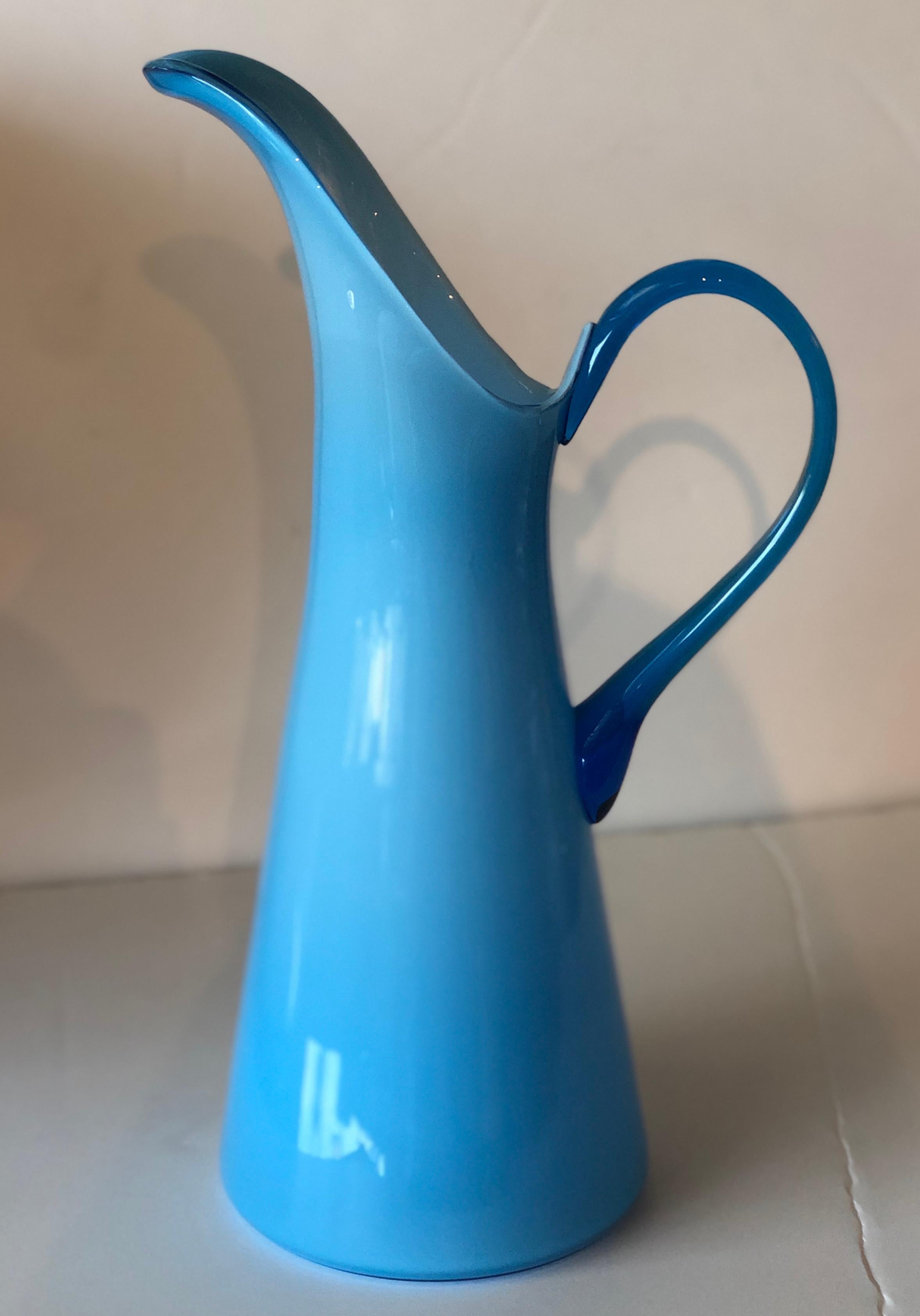 20th Century Azure Blue Over White Cased Venetian Glass Pitcher with Darker Blue Handle For Sale