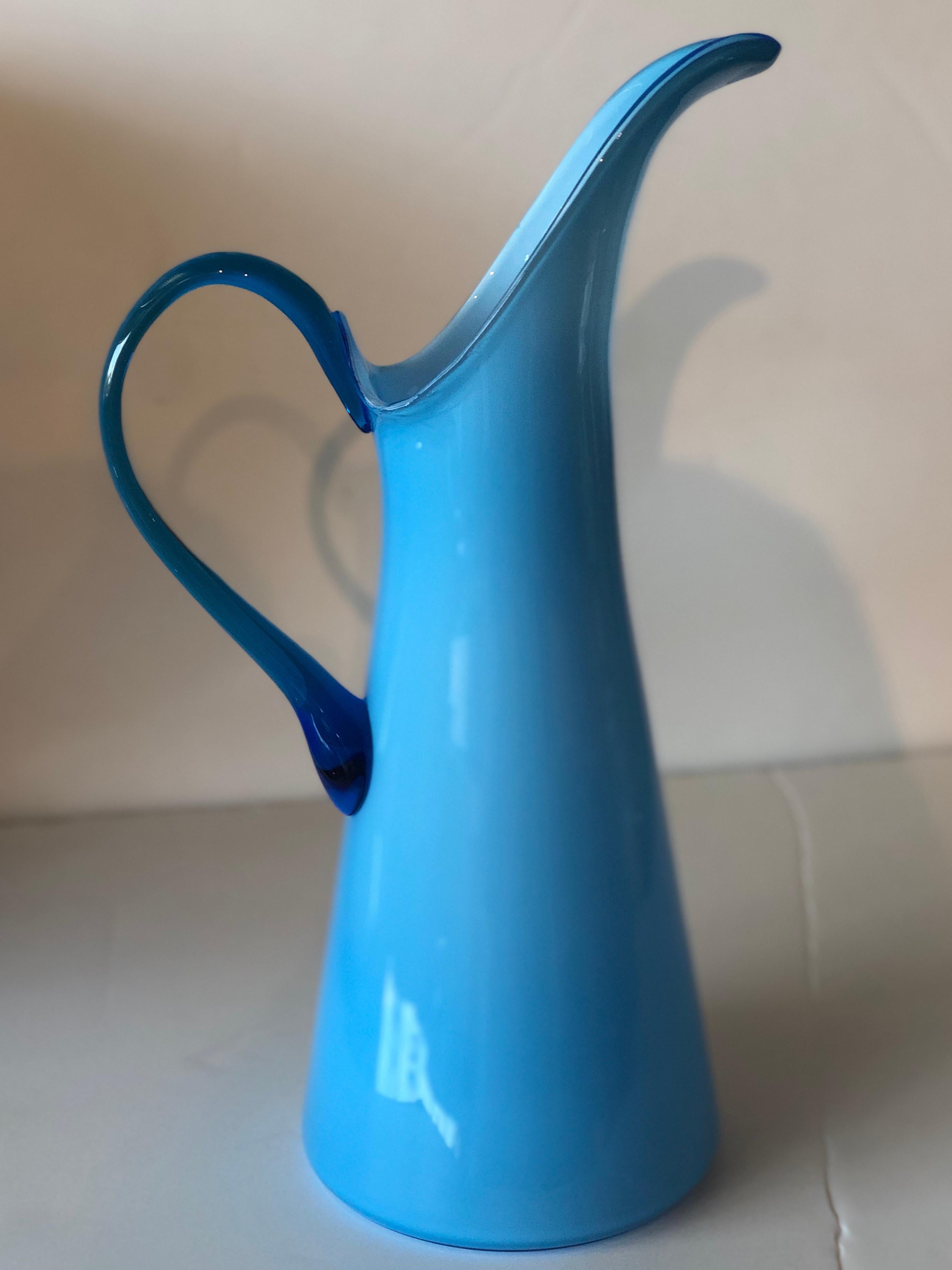 Murano Glass Azure Blue Over White Cased Venetian Glass Pitcher with Darker Blue Handle For Sale