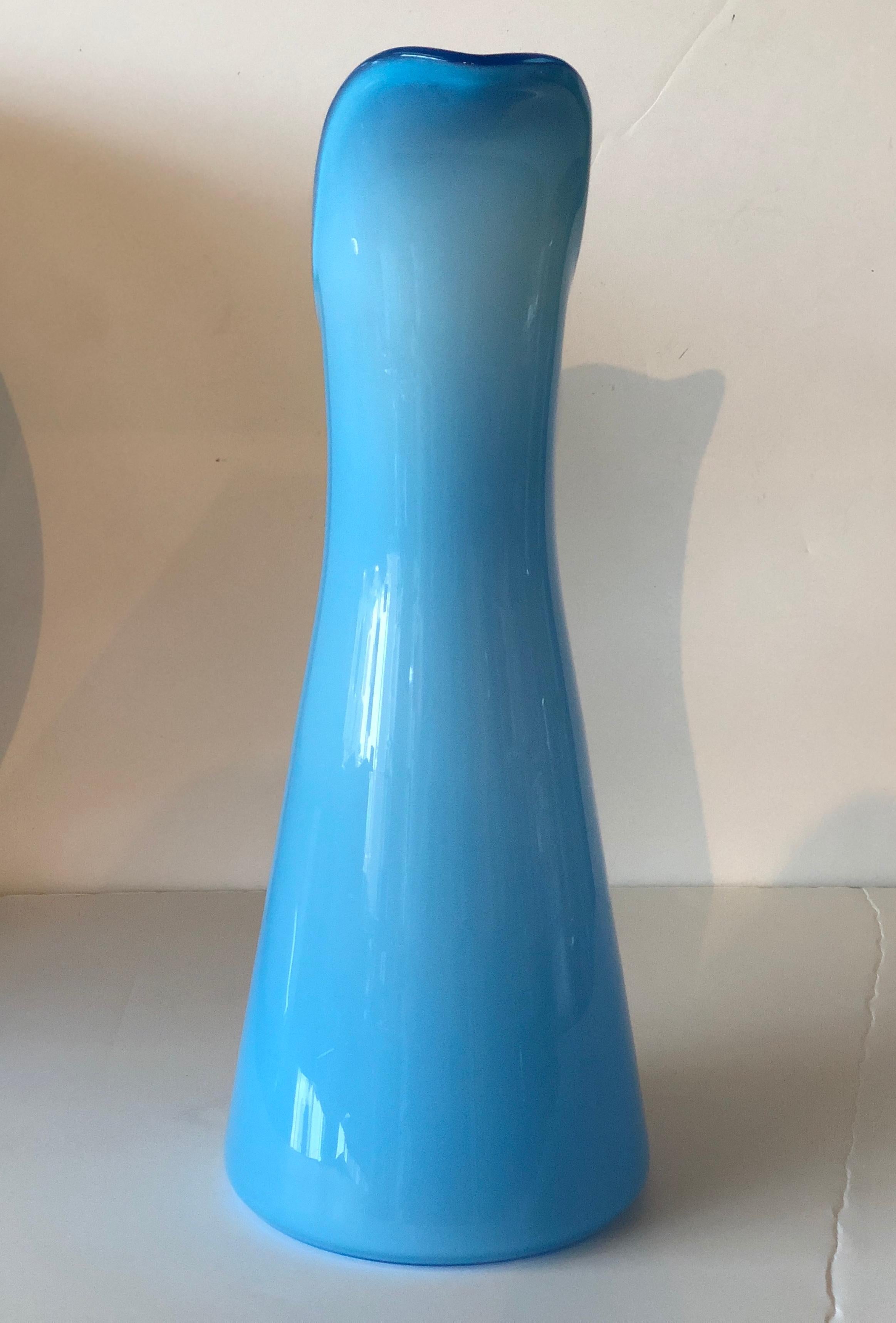 Azure Blue Over White Cased Venetian Glass Pitcher with Darker Blue Handle For Sale 1