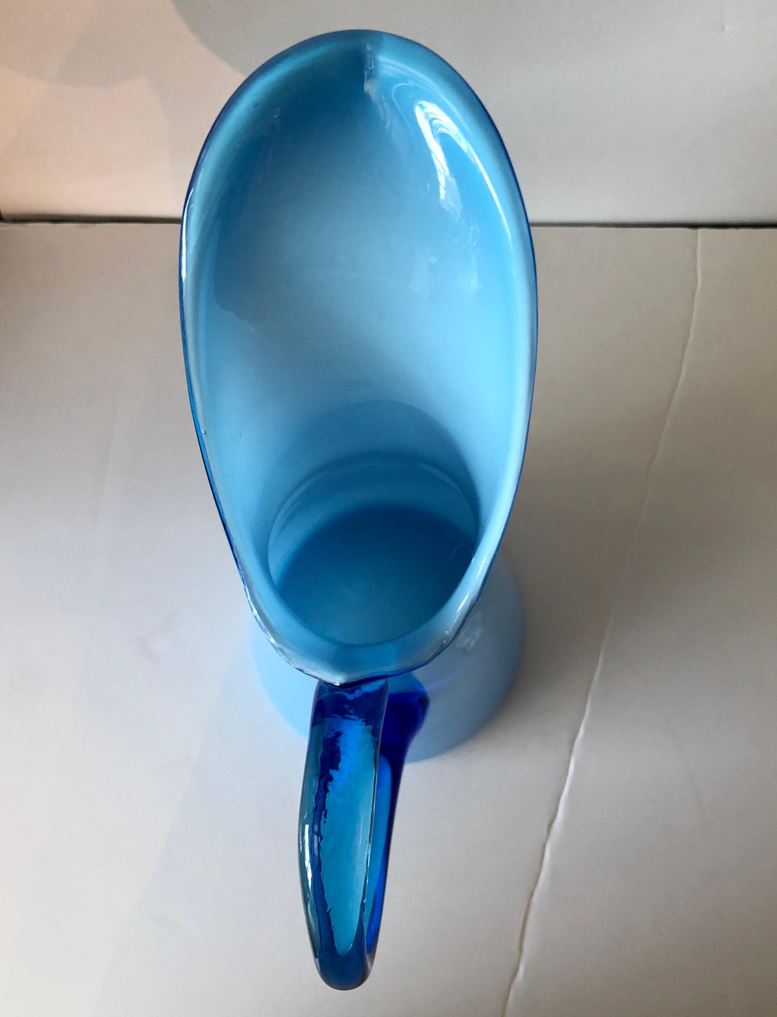 Azure Blue Over White Cased Venetian Glass Pitcher with Darker Blue Handle For Sale 2