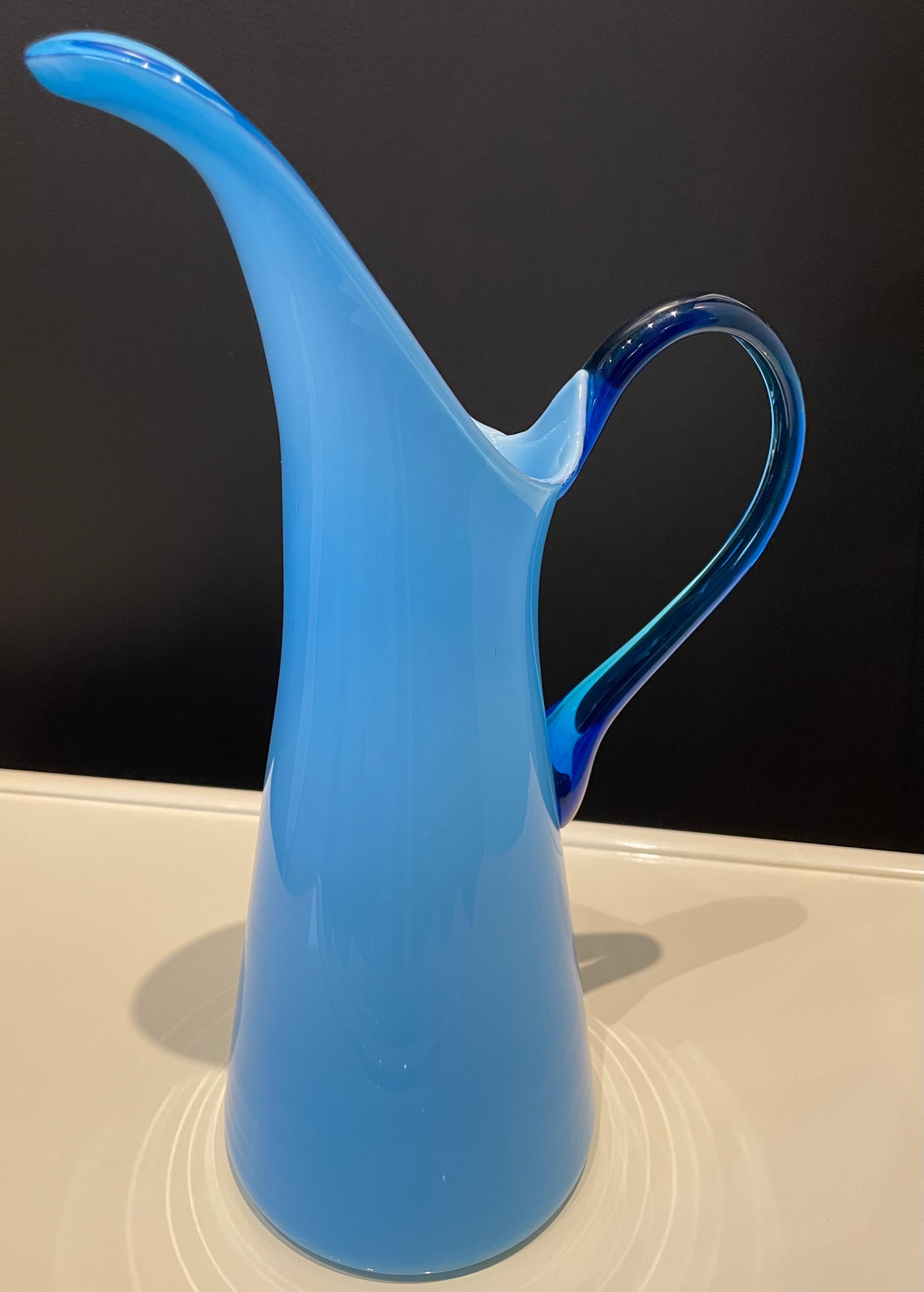Azure Blue Over White Cased Venetian Glass Pitcher with Darker Blue Handle For Sale 12